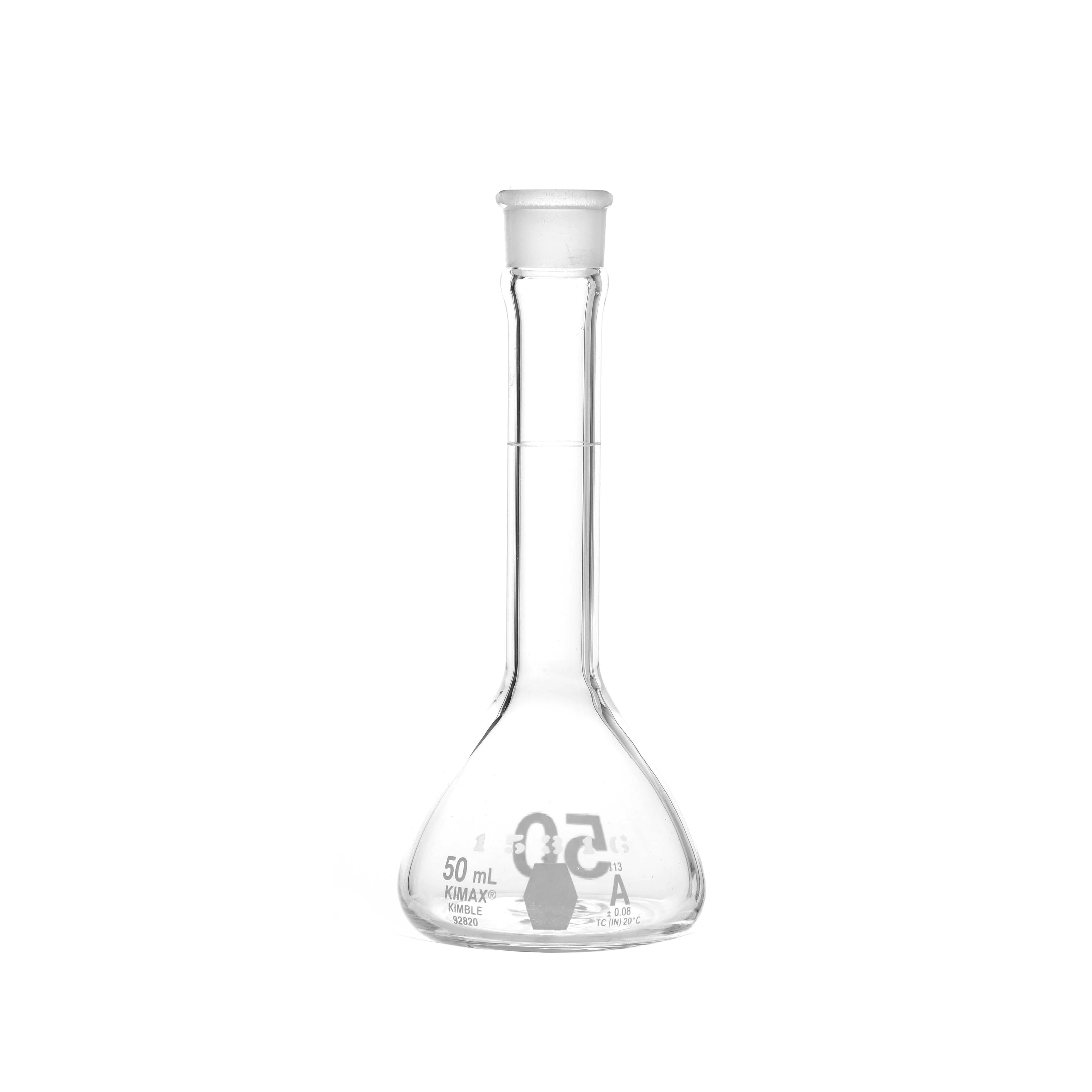 MATRAZ VOLUMÉTRICO DE 50ml CLASE A ASTM CON CERTIFICADO. BOCA ANCHA. TAPÓN DE VIDRIO. KIMAX