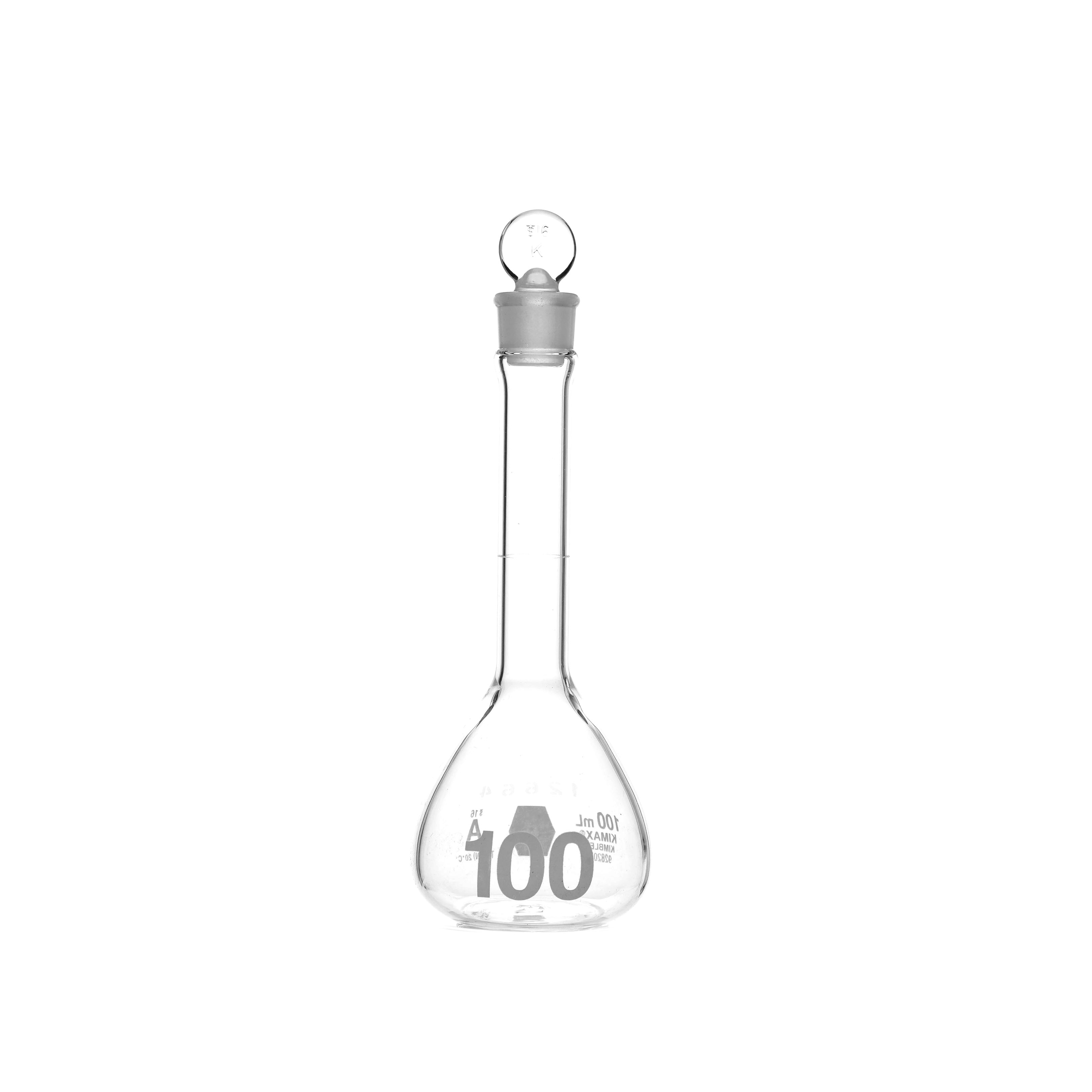MATRAZ VOLUMÉTRICO DE 100ml CLASE A ASTM CON CERTIFICADO. BOCA ANCHA. TAPÓN DE VIDRIO. KIMAX