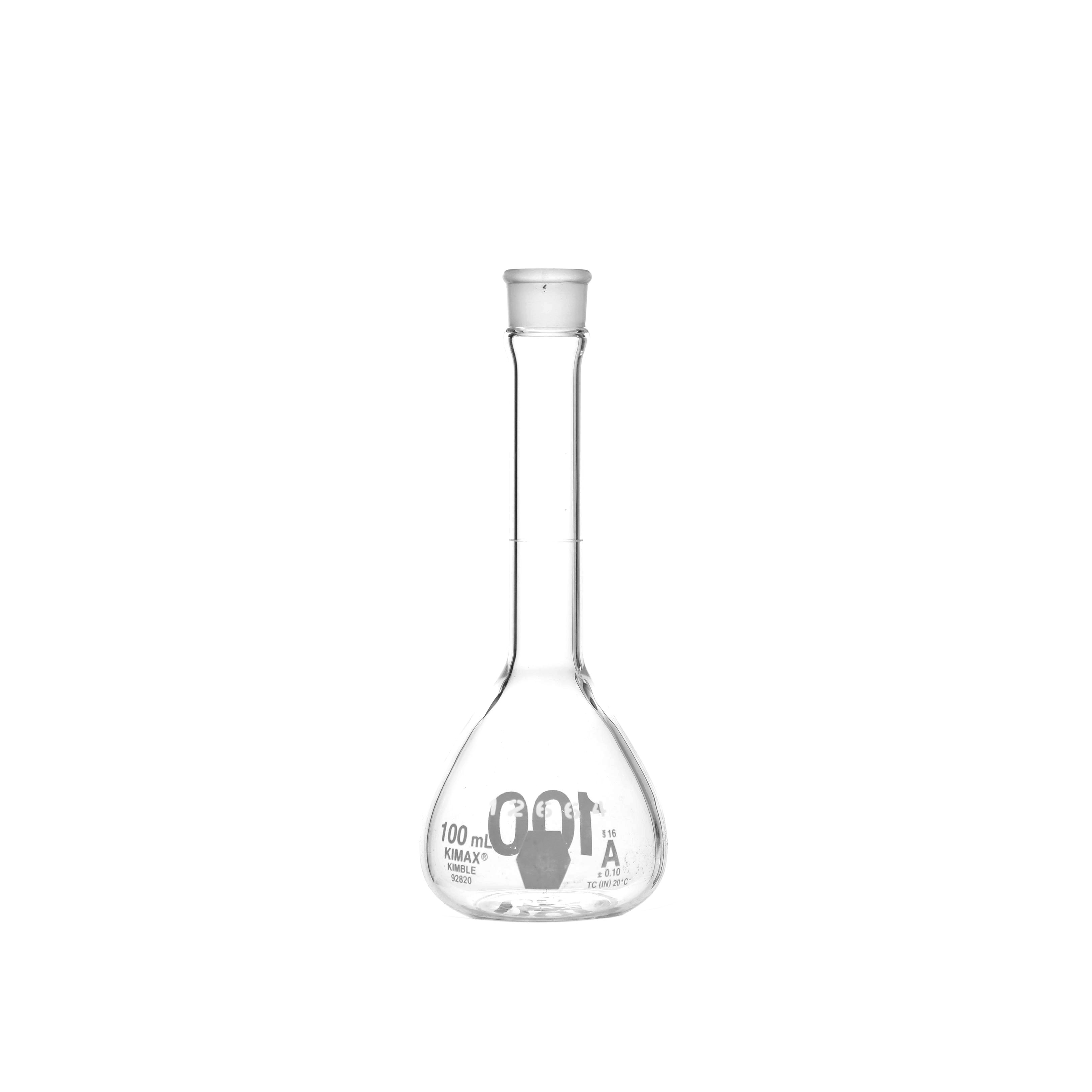 MATRAZ VOLUMÉTRICO DE 100ml CLASE A ASTM CON CERTIFICADO. BOCA ANCHA. TAPÓN DE VIDRIO. KIMAX