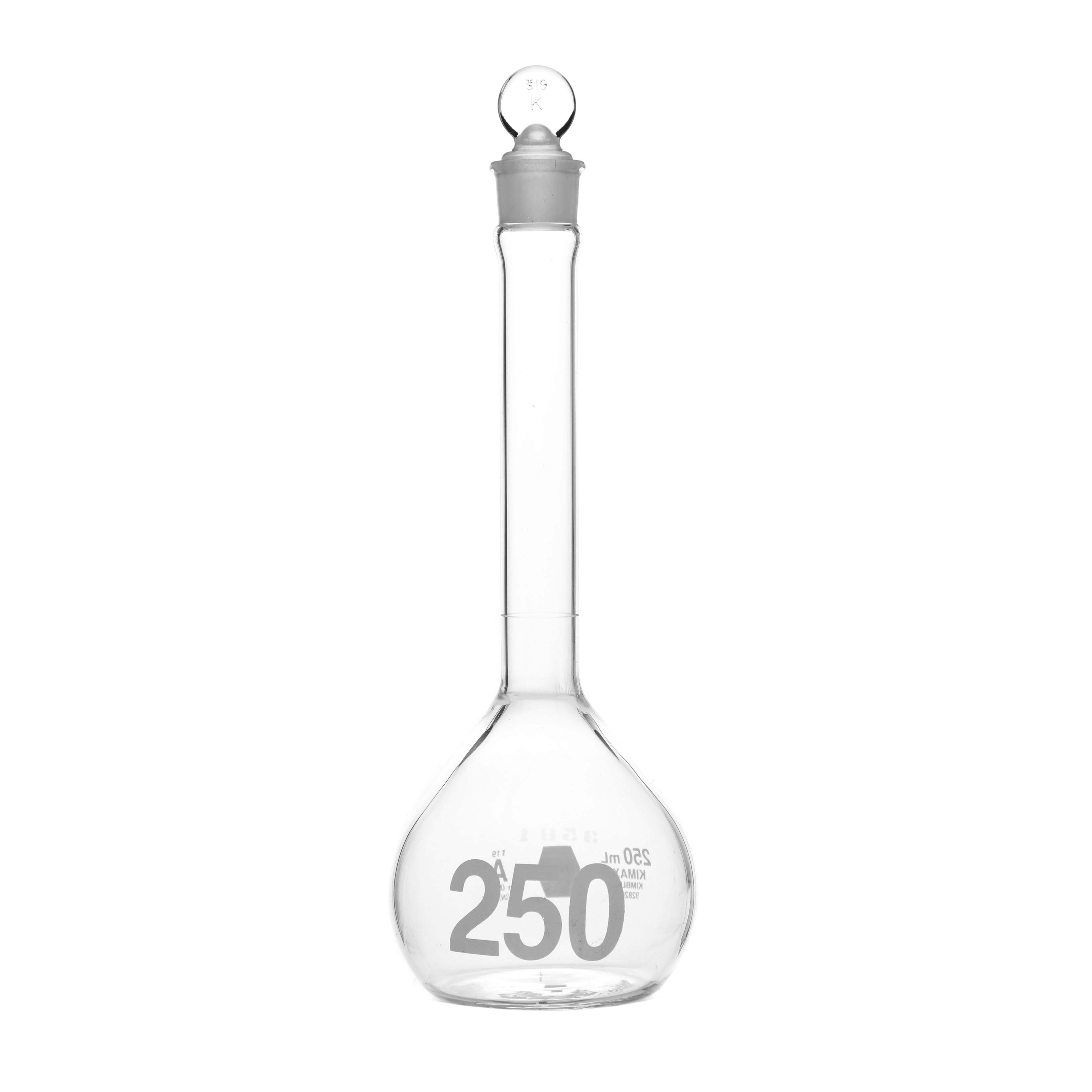 MATRAZ VOLUMÉTRICO DE 250ml CLASE A ASTM CON CERTIFICADO. BOCA ANCHA. TAPÓN DE VIDRIO. KIMAX