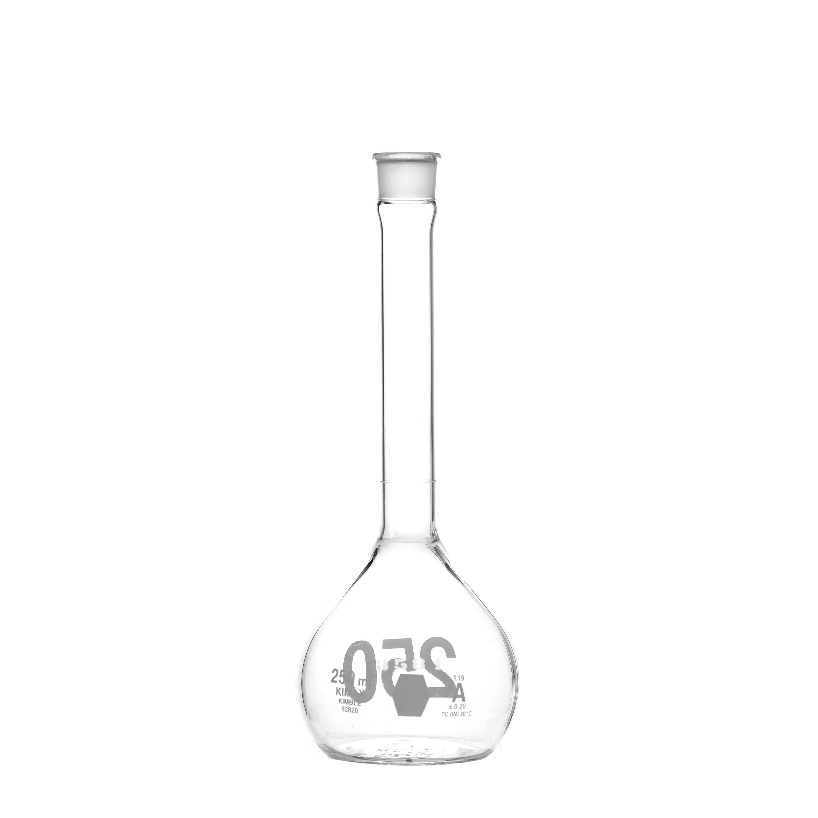 MATRAZ VOLUMÉTRICO DE 250ml CLASE A ASTM CON CERTIFICADO. BOCA ANCHA. TAPÓN DE VIDRIO. KIMAX