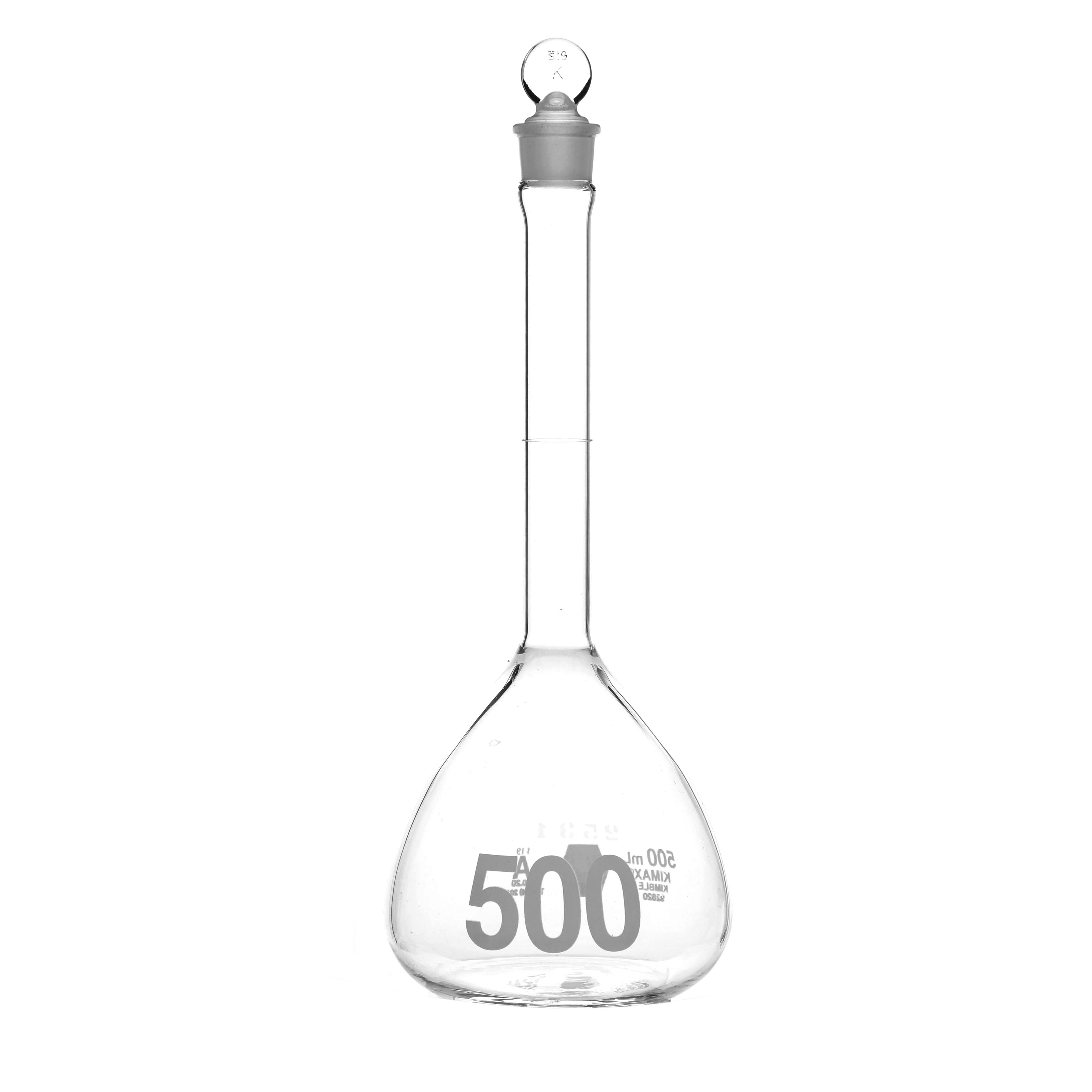 MATRAZ VOLUMÉTRICO DE 500ml CLASE A ASTM CON CERTIFICADO. BOCA ANCHA. TAPÓN DE VIDRIO. KIMAX