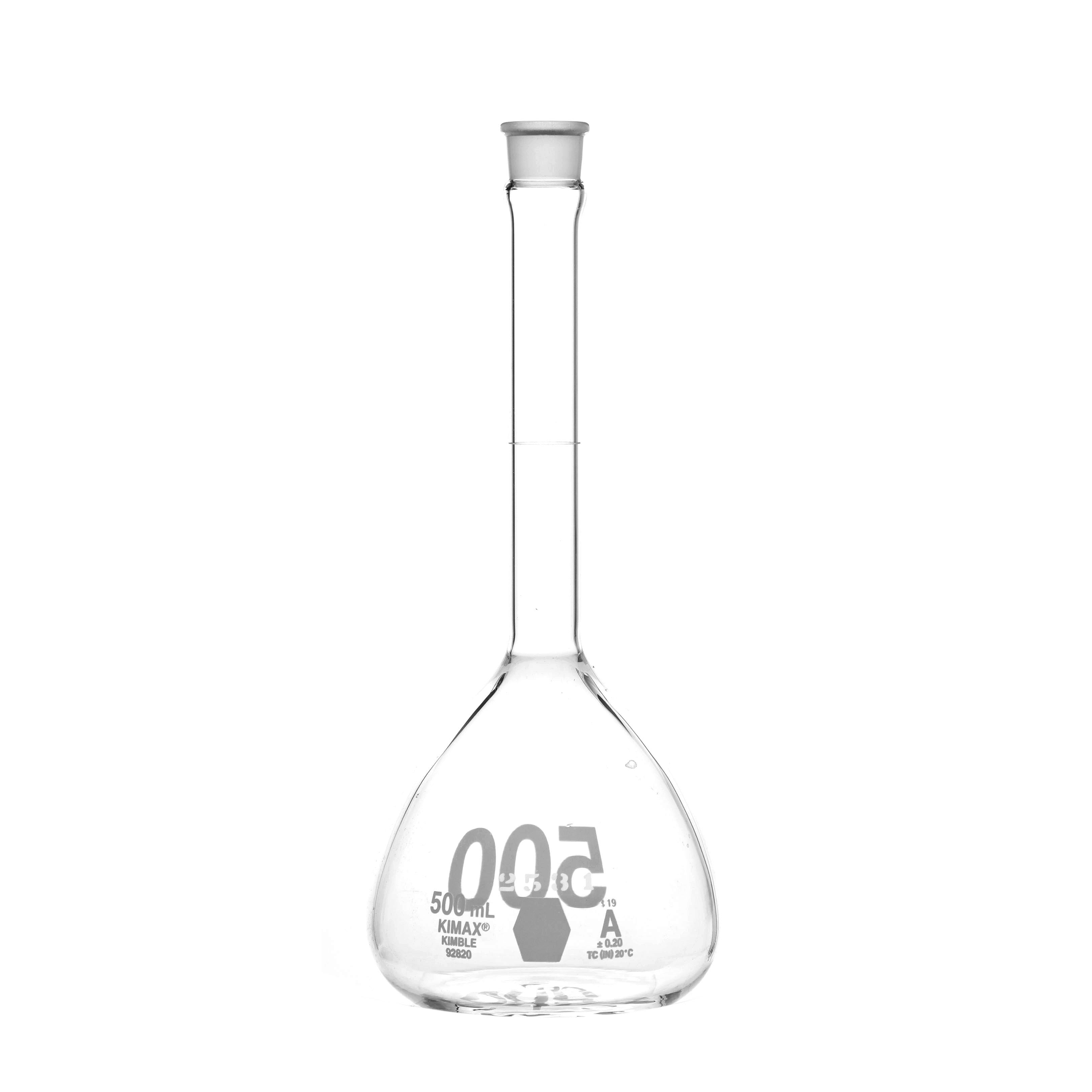 MATRAZ VOLUMÉTRICO DE 500ml CLASE A ASTM CON CERTIFICADO. BOCA ANCHA. TAPÓN DE VIDRIO. KIMAX