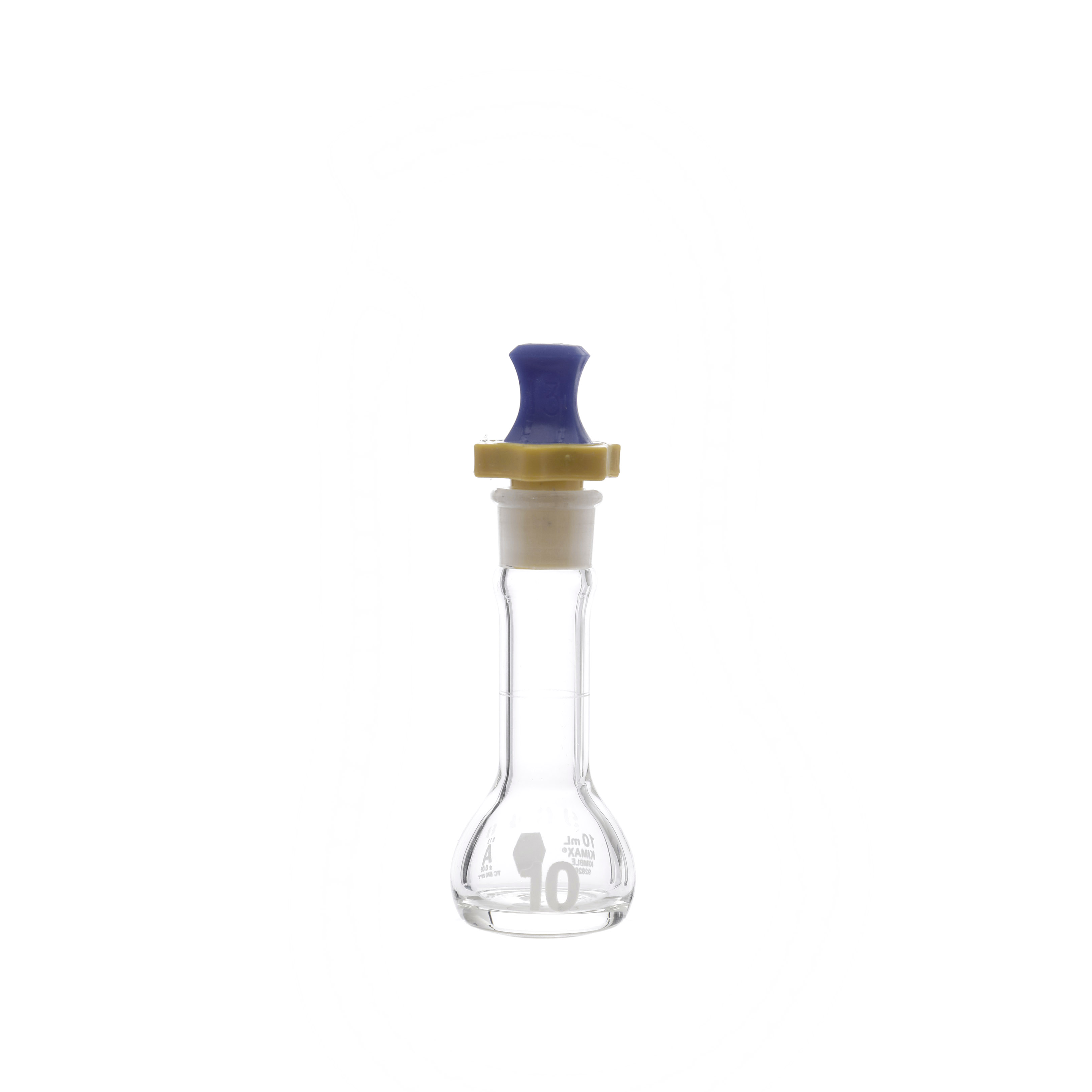 MATRAZ VOLUMÉTRICO DE 10ml CLASE A ASTM CON CERTIFICADO. BOCA ANCHA. TAPÓN DE PLÁSTICO. KIMAX