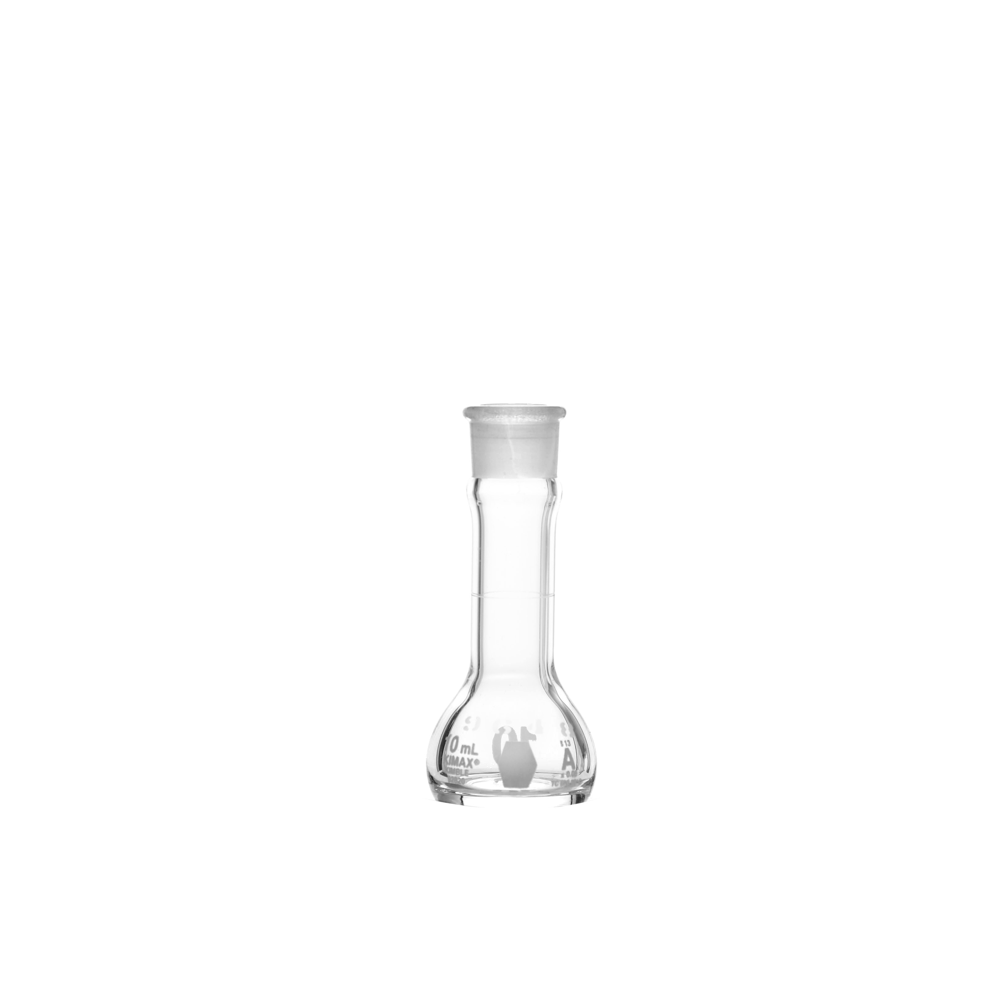 MATRAZ VOLUMÉTRICO DE 10ml CLASE A ASTM CON CERTIFICADO. BOCA ANCHA. TAPÓN DE PLÁSTICO. KIMAX