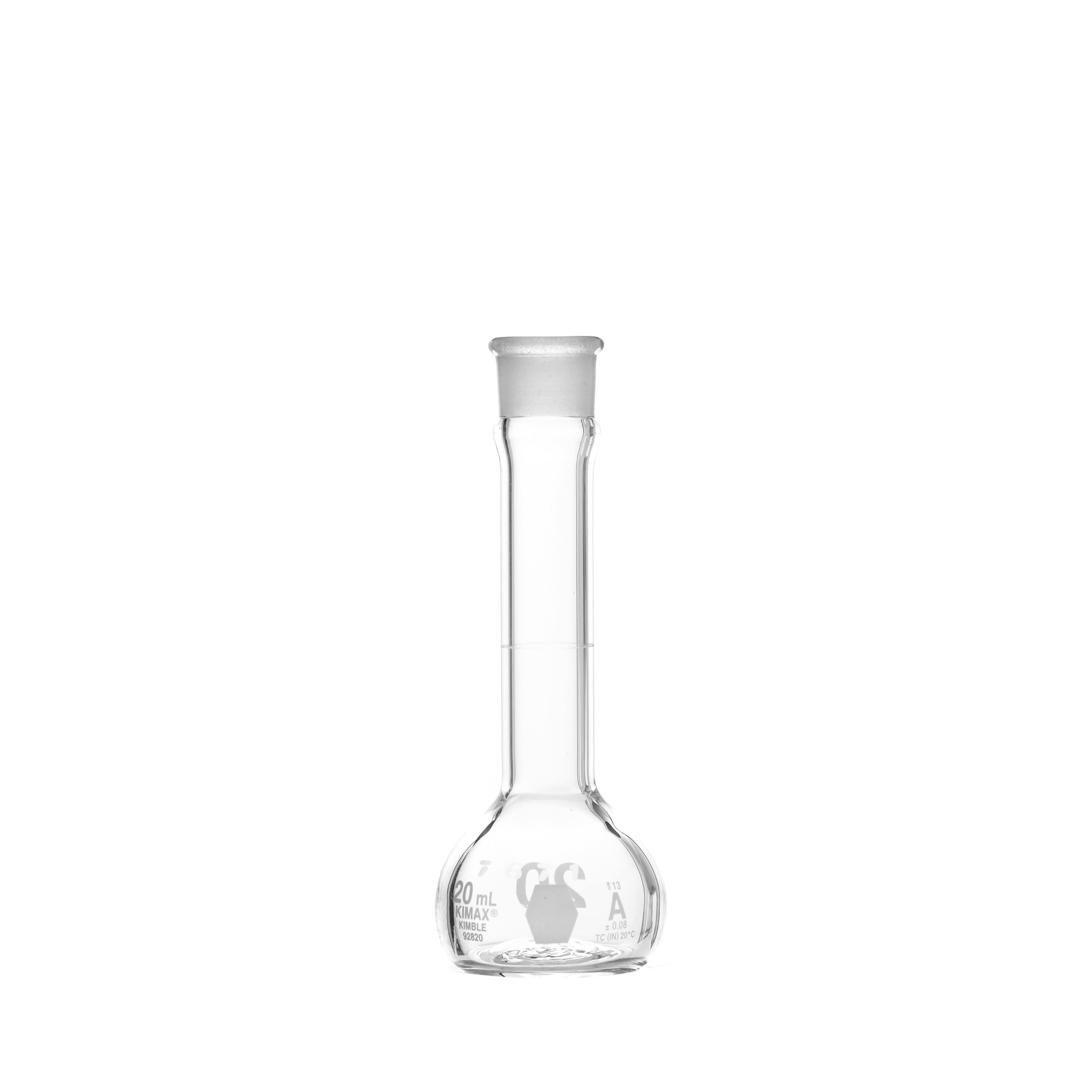 MATRAZ VOLUMÉTRICO DE 20ml CLASE A ASTM CON CERTIFICADO. BOCA ANCHA. TAPÓN DE PLÁSTICO. KIMAX
