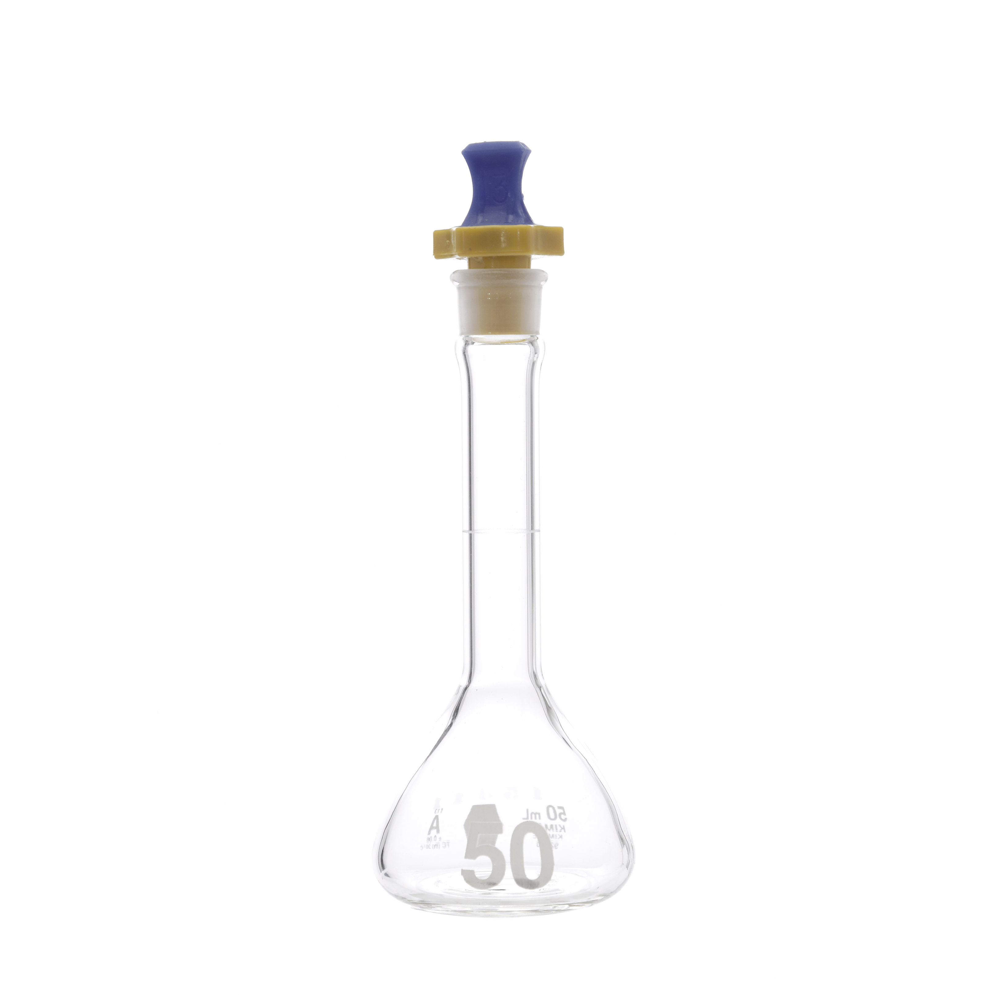 MATRAZ VOLUMÉTRICO DE 50ml CLASE A ASTM CON CERTIFICADO. BOCA ANCHA. TAPÓN DE PLÁSTICO. KIMAX