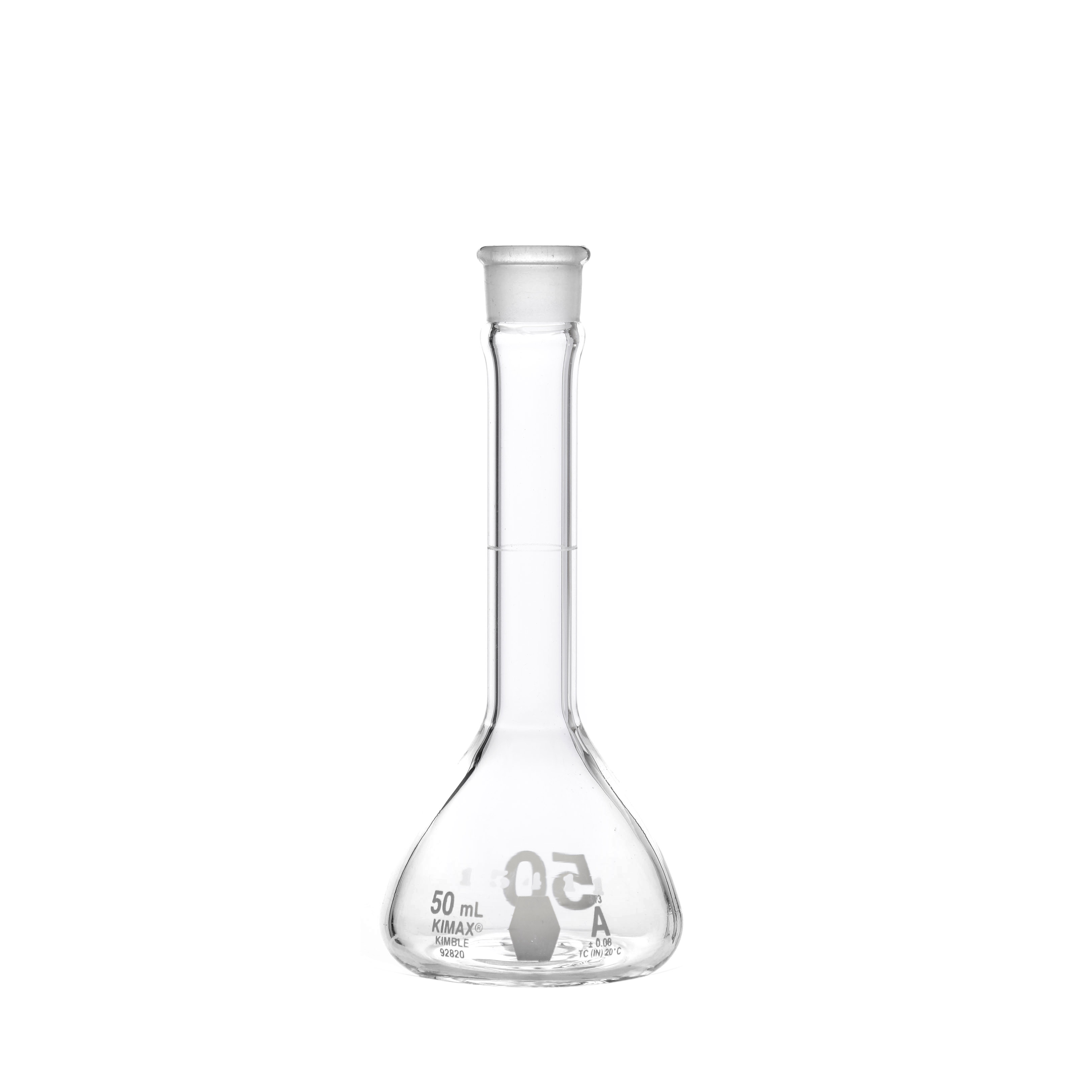 MATRAZ VOLUMÉTRICO DE 50ml CLASE A ASTM CON CERTIFICADO. BOCA ANCHA. TAPÓN DE PLÁSTICO. KIMAX