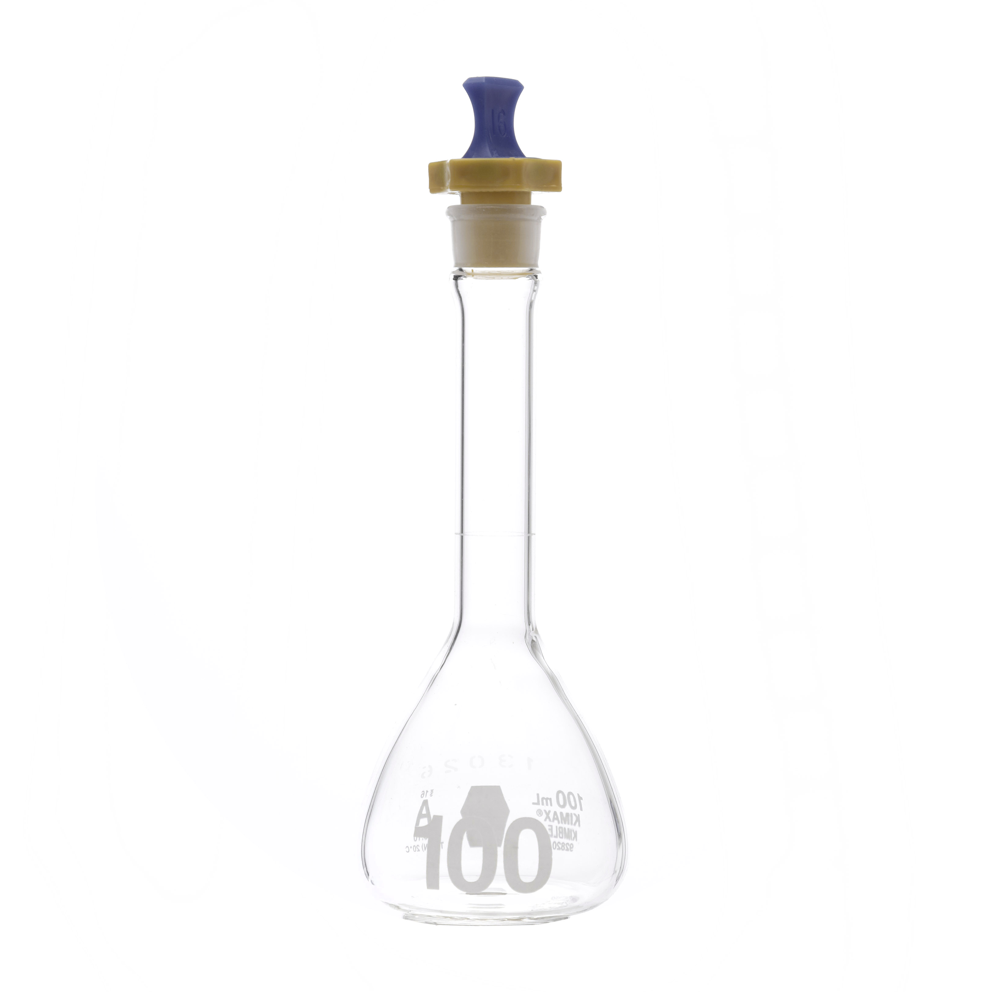 MATRAZ VOLUMÉTRICO DE 100ml CLASE A ASTM CON CERTIFICADO. BOCA ANCHA. TAPÓN DE PLÁSTICO. KIMAX