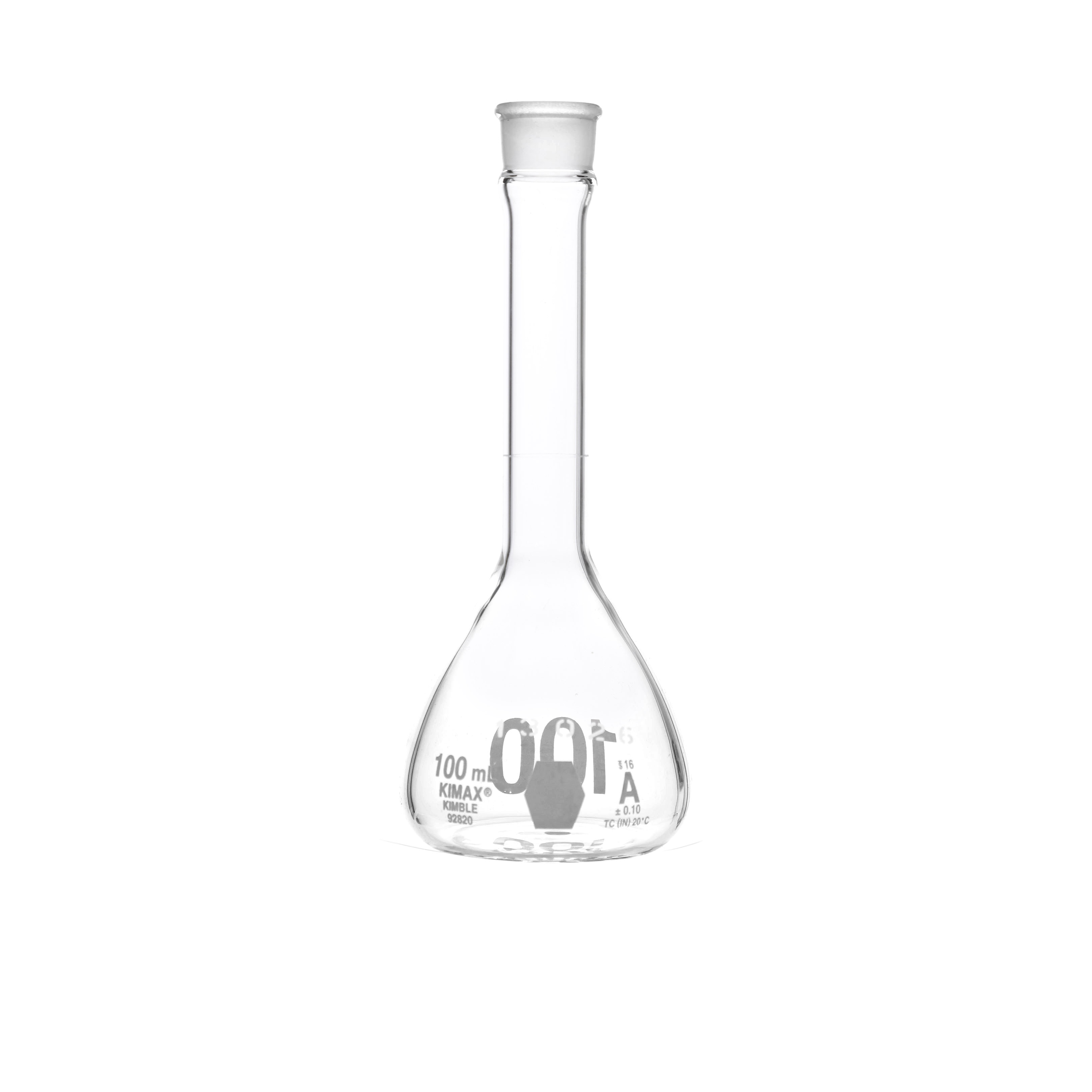 MATRAZ VOLUMÉTRICO DE 100ml CLASE A ASTM CON CERTIFICADO. BOCA ANCHA. TAPÓN DE PLÁSTICO. KIMAX