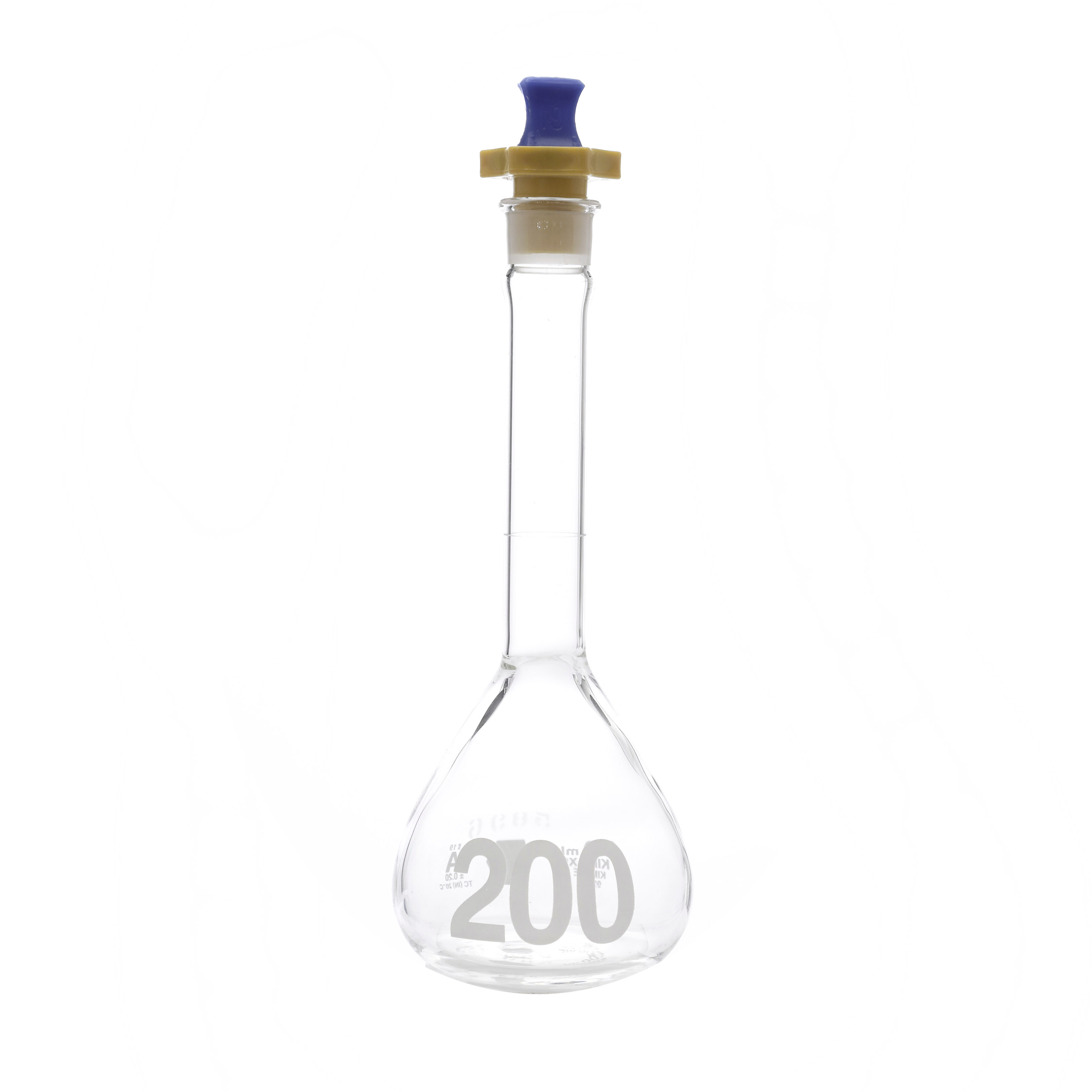 MATRAZ VOLUMÉTRICO DE 200ml CLASE A ASTM CON CERTIFICADO. BOCA ANCHA. TAPÓN DE PLÁSTICO. KIMAX