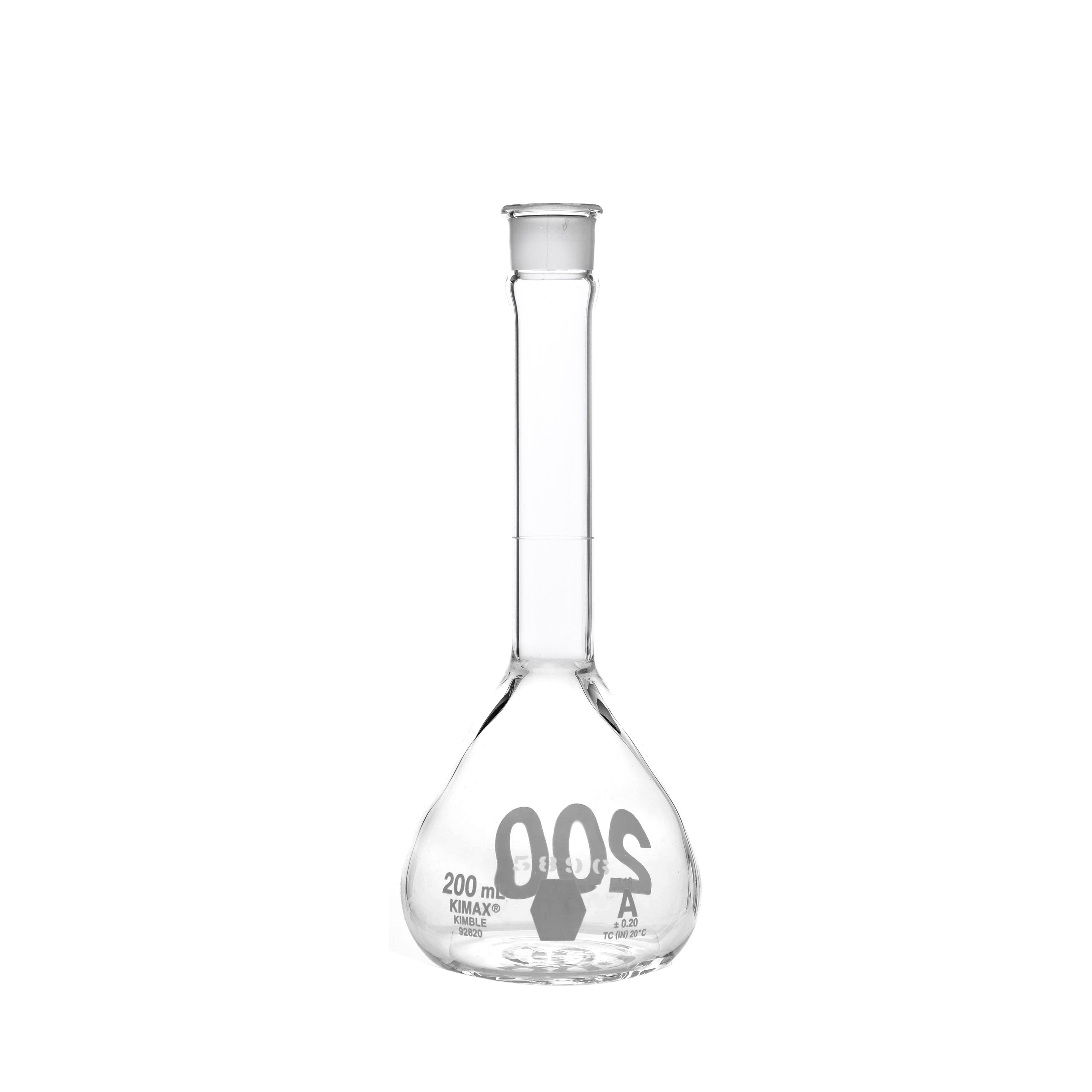 MATRAZ VOLUMÉTRICO DE 200ml CLASE A ASTM CON CERTIFICADO. BOCA ANCHA. TAPÓN DE PLÁSTICO. KIMAX