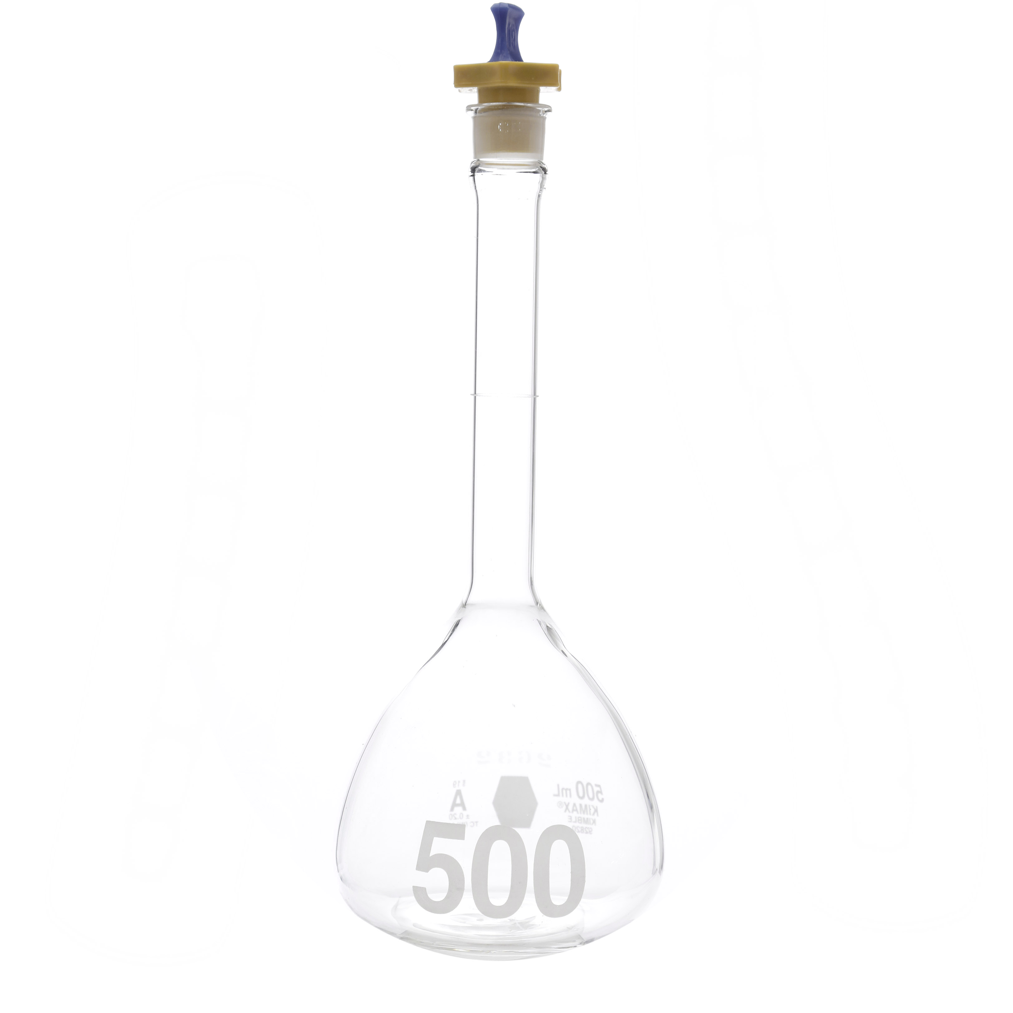 MATRAZ VOLUMÉTRICO DE 500ml CLASE A ASTM CON CERTIFICADO. BOCA ANCHA. TAPÓN DE PLÁSTICO. KIMAX
