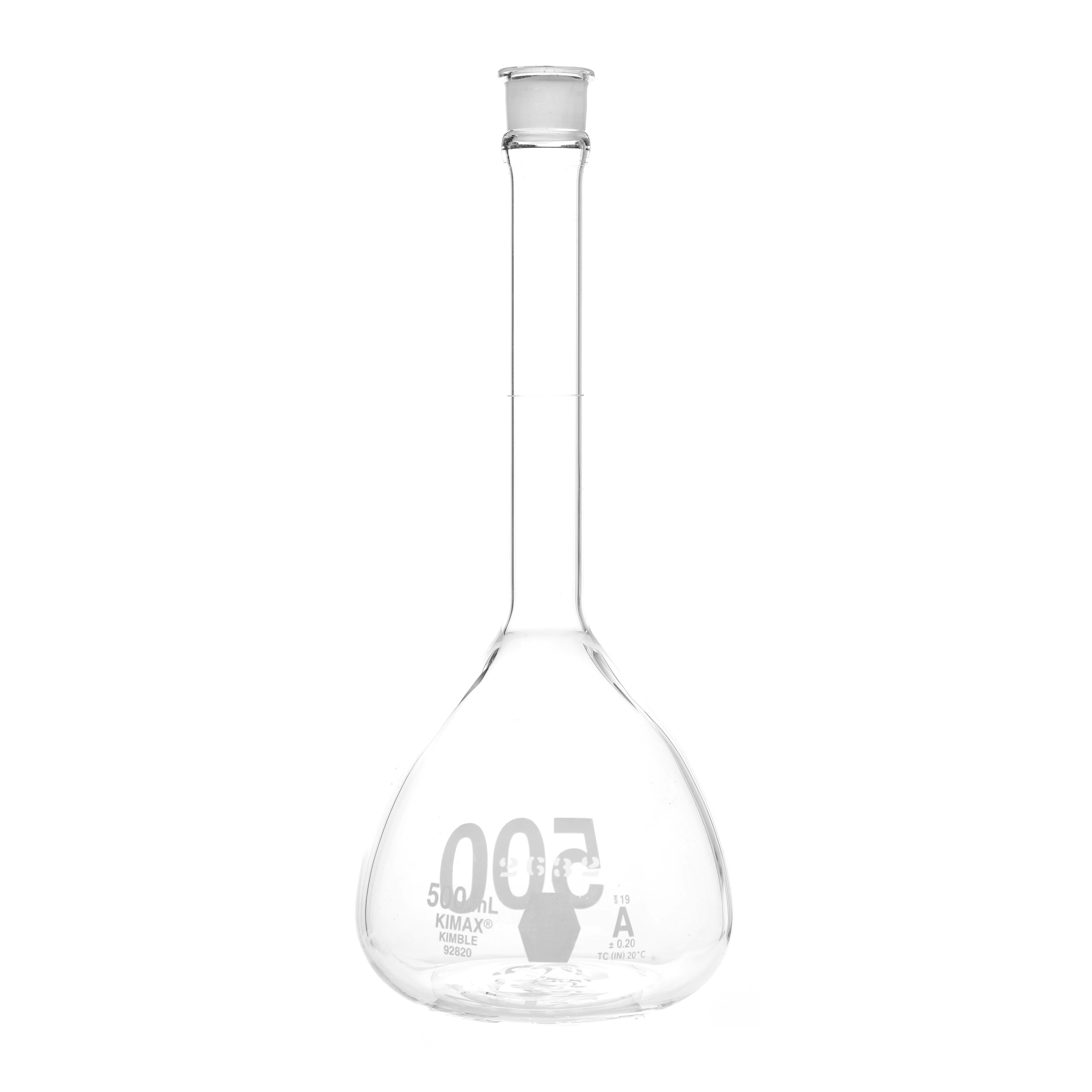 MATRAZ VOLUMÉTRICO DE 500ml CLASE A ASTM CON CERTIFICADO. BOCA ANCHA. TAPÓN DE PLÁSTICO. KIMAX