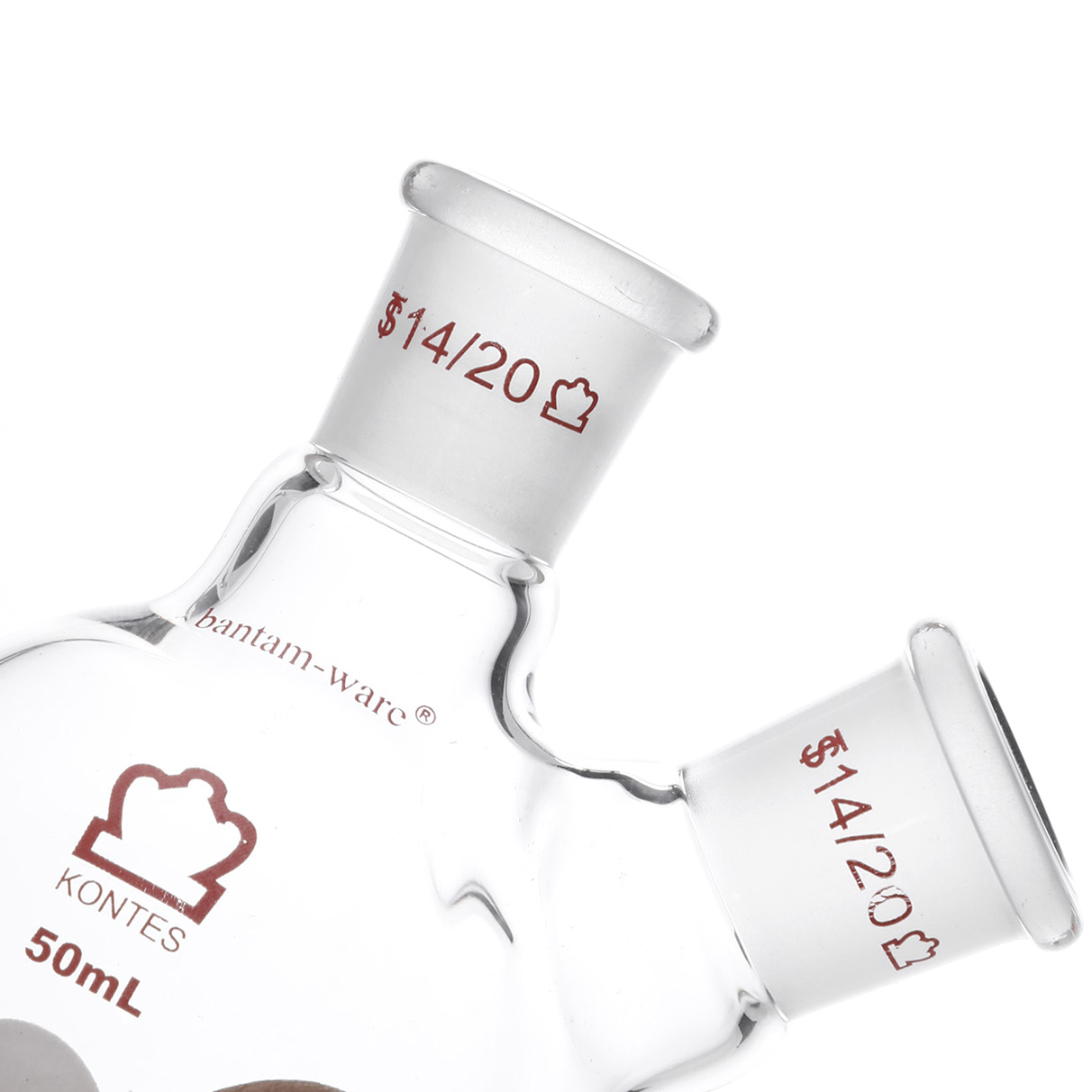 MATRAZ DE DESTILACIÓN DE 50ml CON DOS BOCAS EN ÁNGULO. KONTES