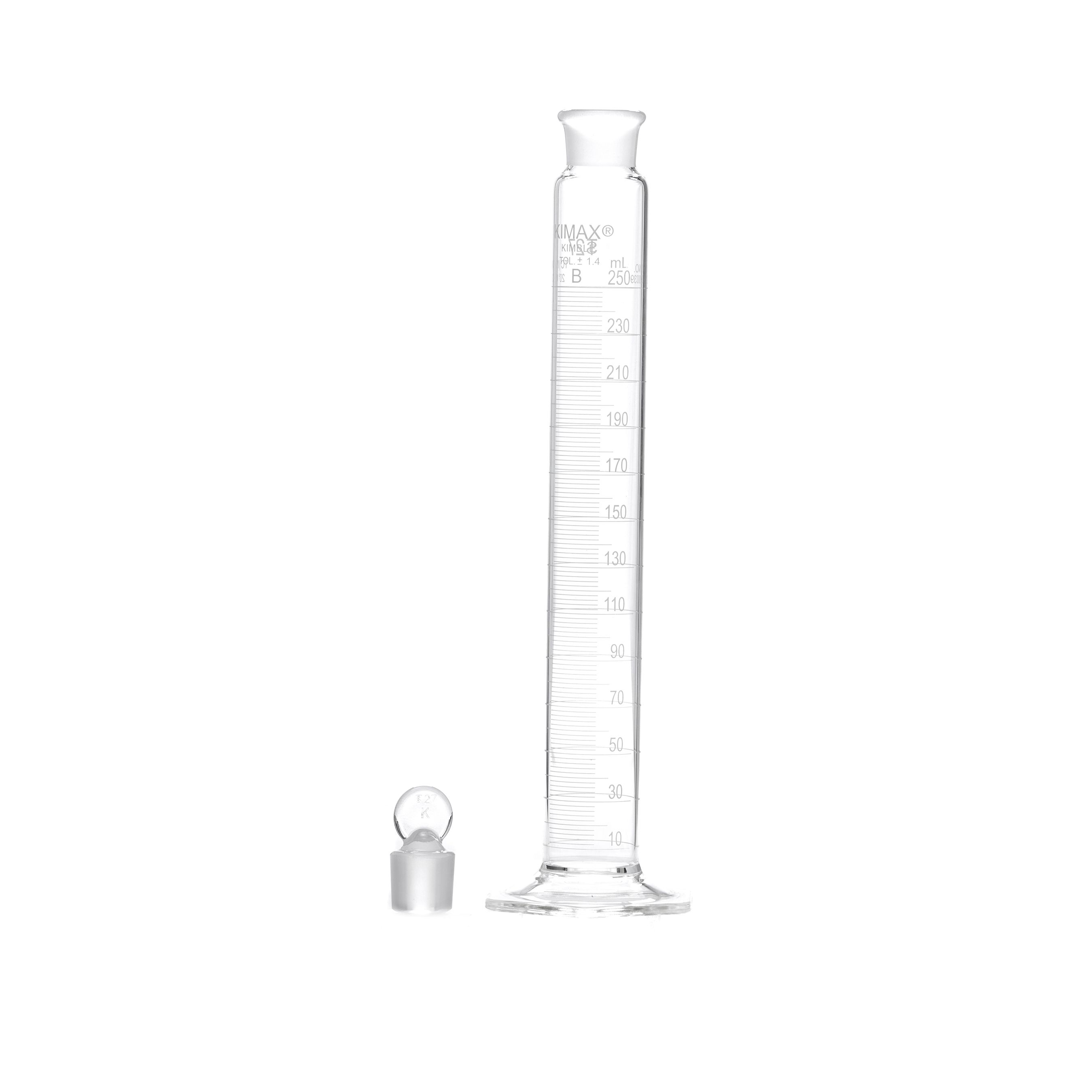 PROBETA GRADUADA DE 250ml CLASE B ASTM CON TAPÓN DE VIDRIO. KIMAX