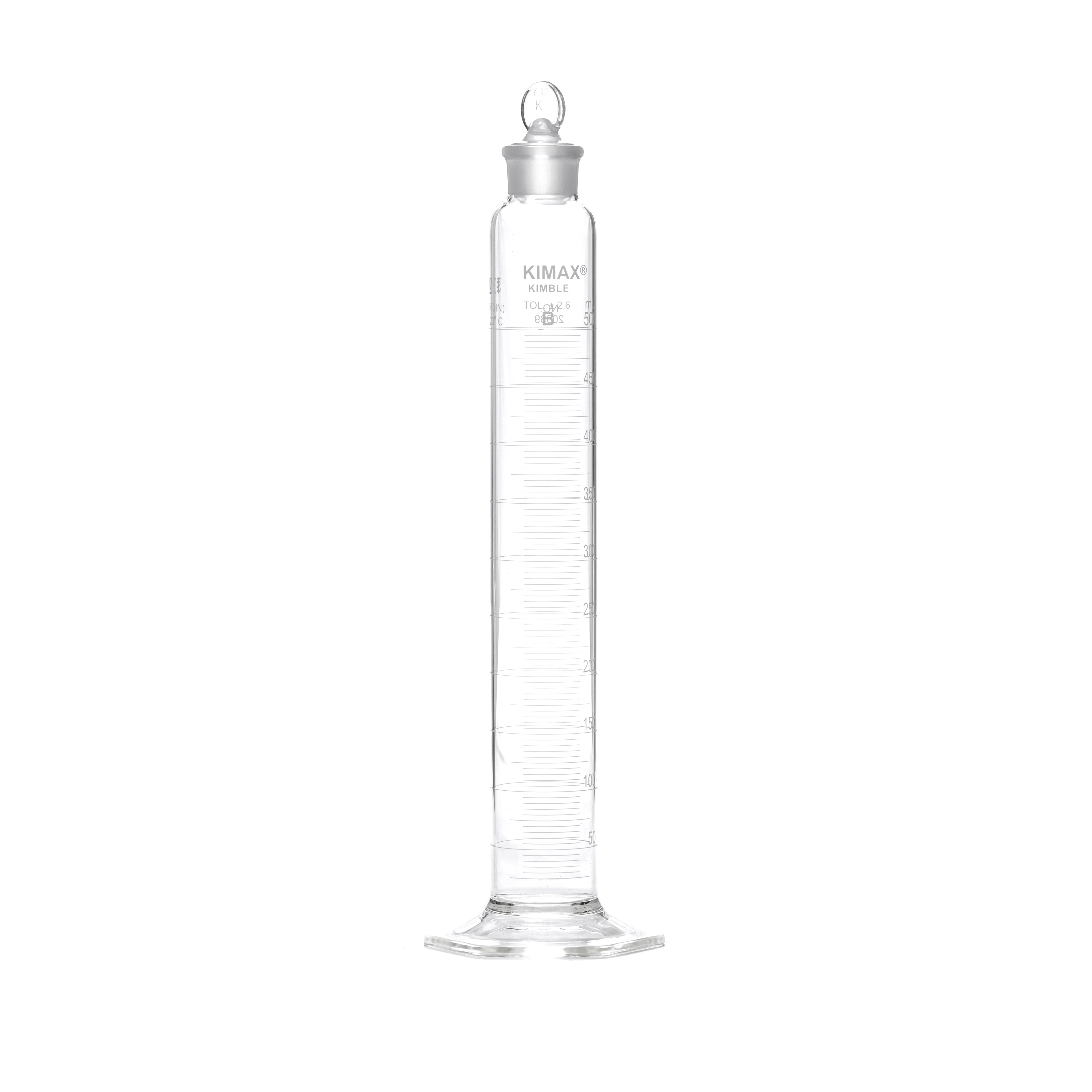 PROBETA GRADUADA DE 500ml CLASE B ASTM CON TAPÓN DE VIDRIO ESMERILADO. KIMAX
