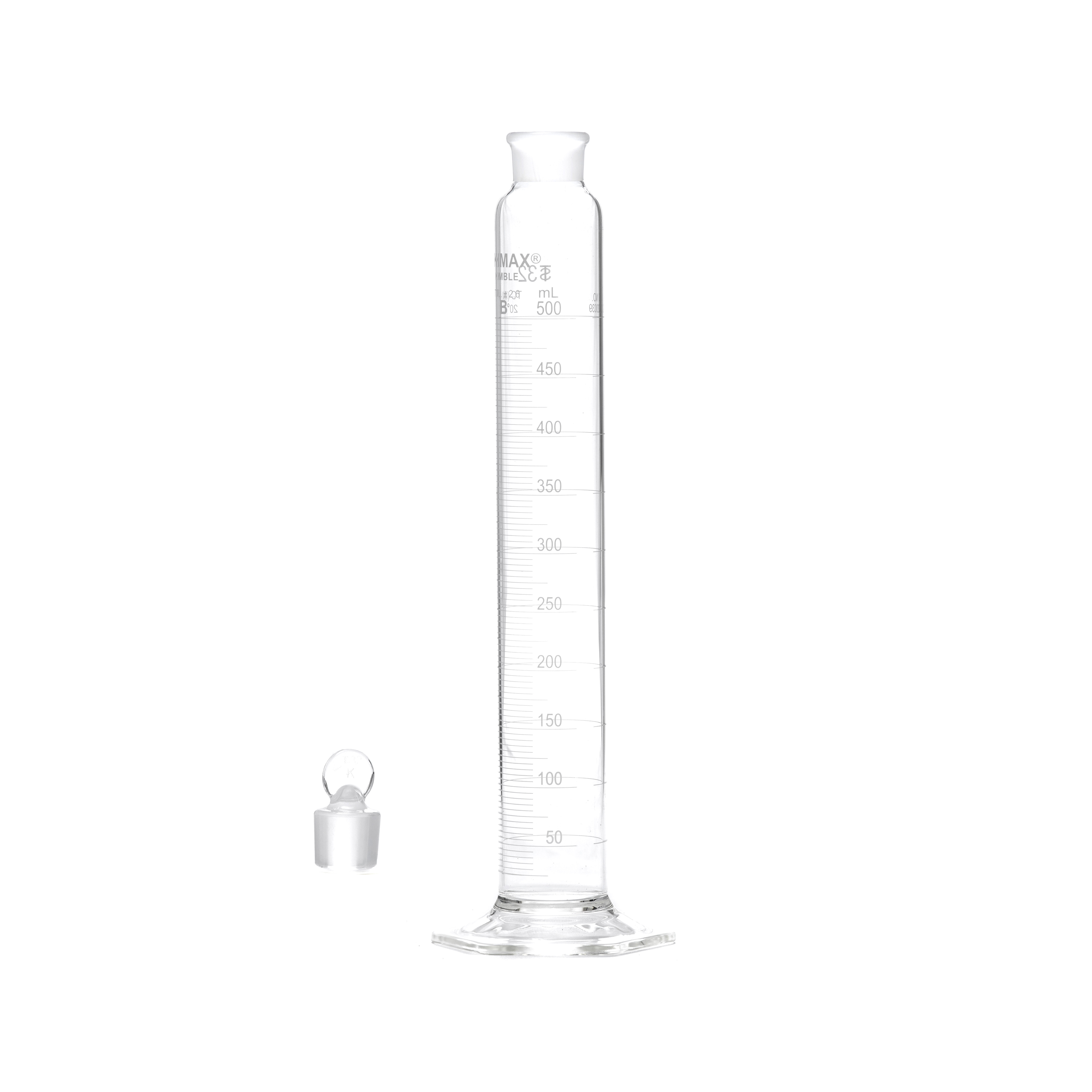 PROBETA GRADUADA DE 500ml CLASE B ASTM CON TAPÓN DE VIDRIO ESMERILADO. KIMAX