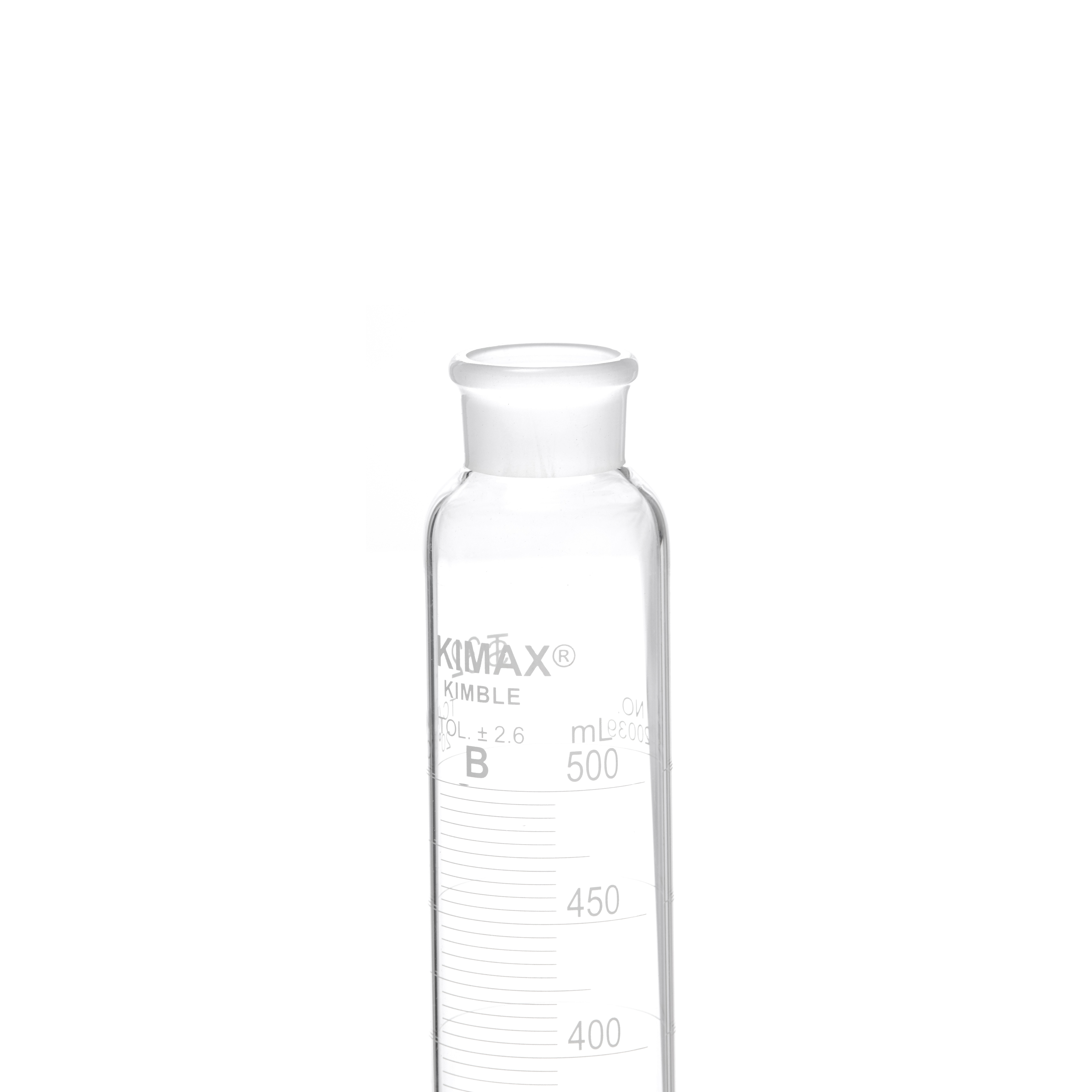 PROBETA GRADUADA DE 500ml CLASE B ASTM CON TAPÓN DE VIDRIO ESMERILADO. KIMAX