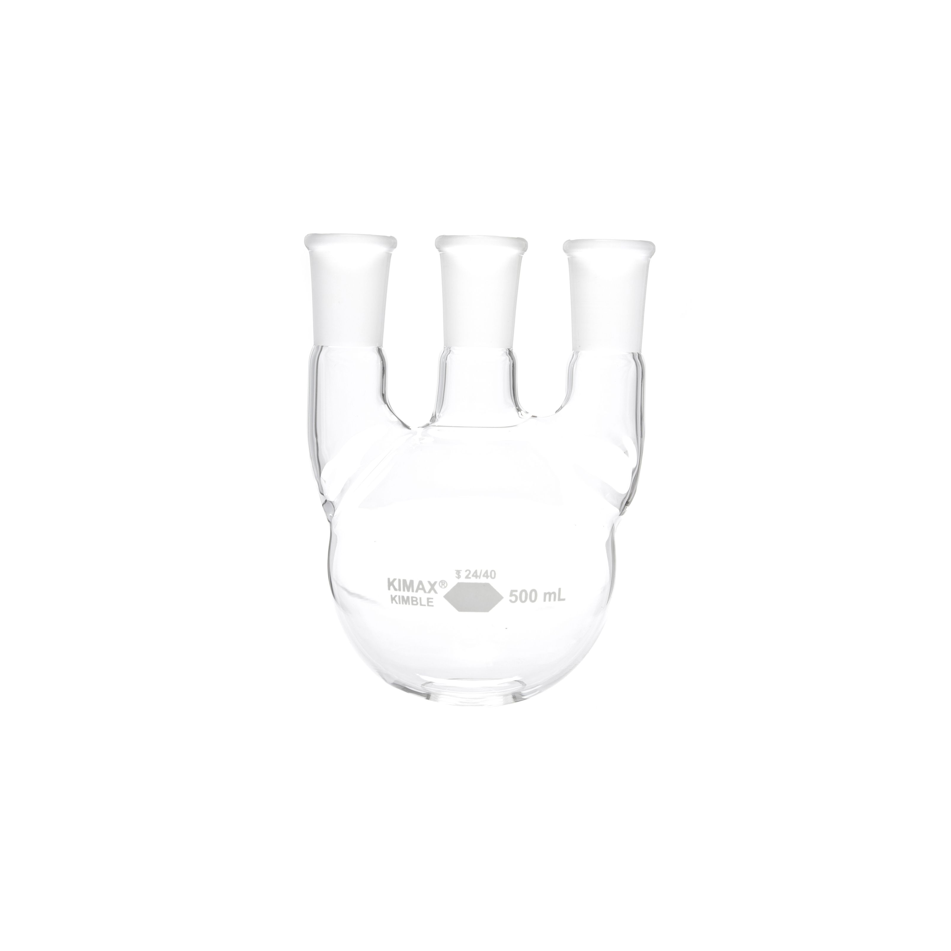 MATRAZ DE DESTILACIÓN DE 500ml CON TRES BOCAS VERTICALES. KIMAX