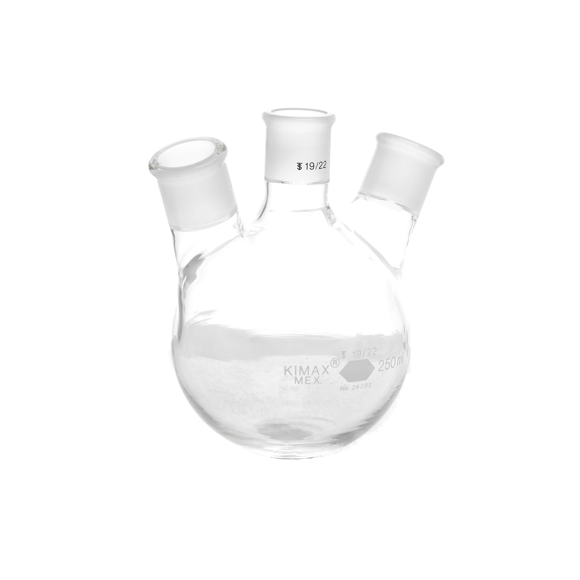 MATRAZ DE DESTILACIÓN DE 250ml CON TRES BOCAS EN ÁNGULO. JUNTA CENTRAL Y LATERALES 19/22. KIMAX