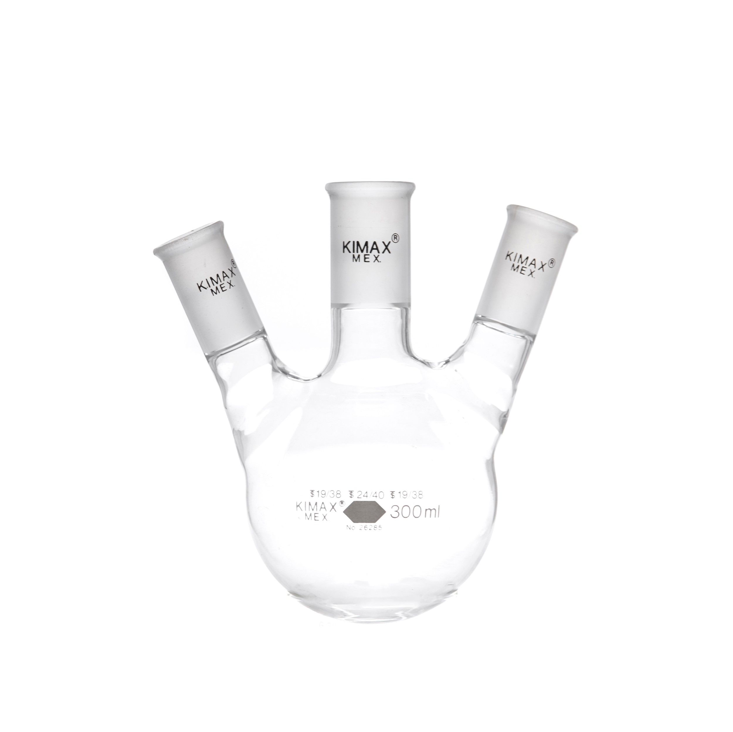 MATRAZ DE DESTILACIÓN DE 300ml CON TRES BOCAS EN ÁNGULO. KIMAX