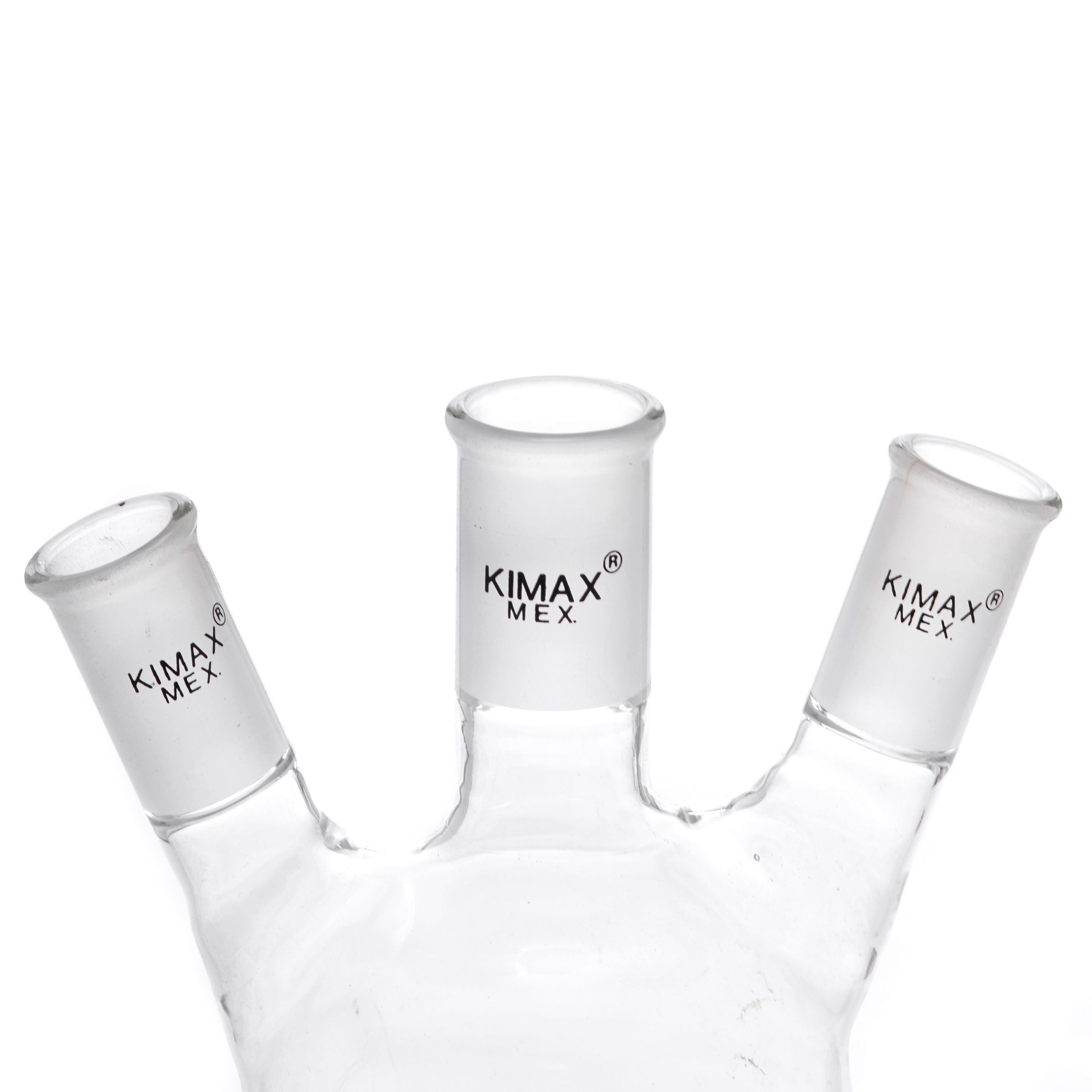 MATRAZ DE DESTILACIÓN DE 300ml CON TRES BOCAS EN ÁNGULO. KIMAX