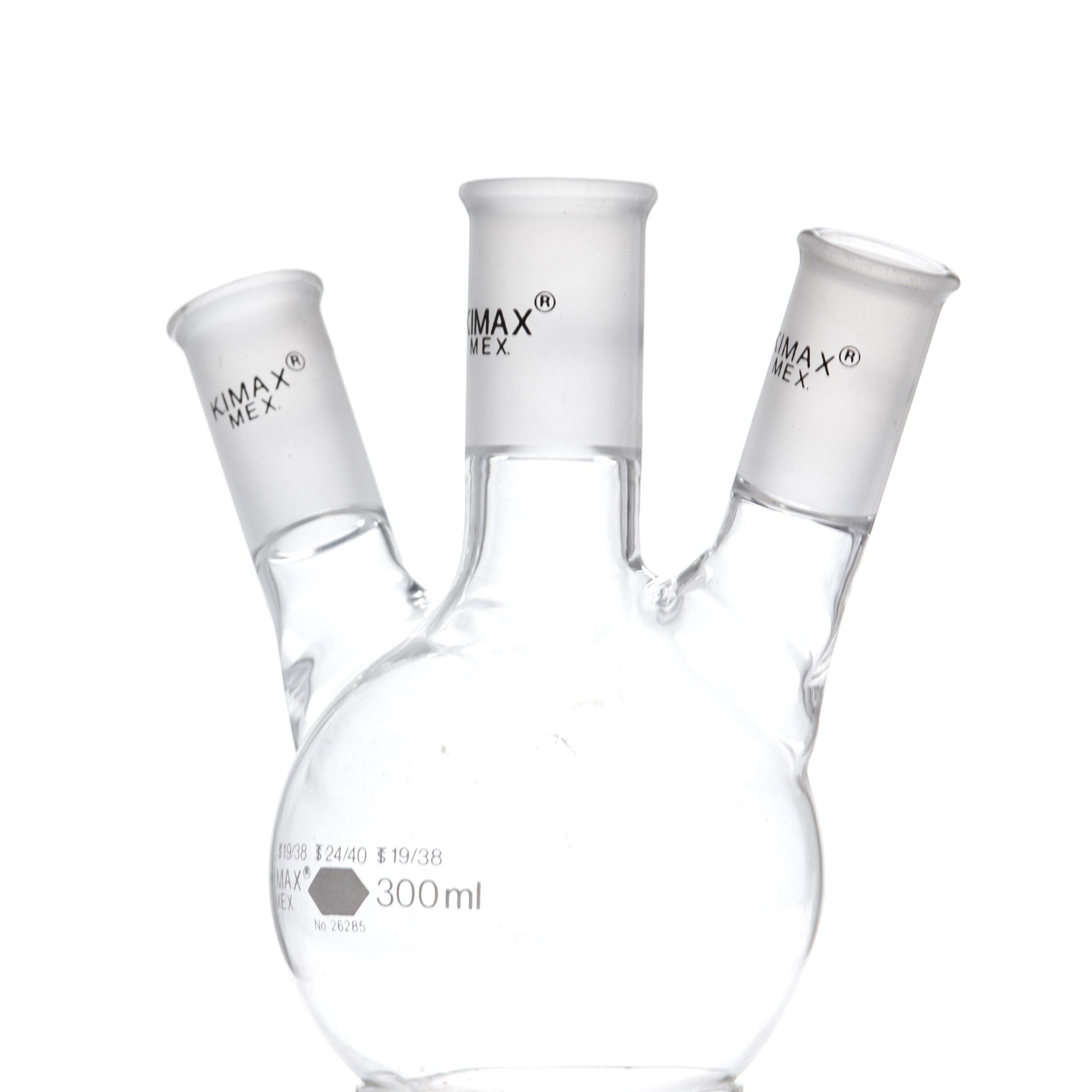 MATRAZ DE DESTILACIÓN DE 300ml CON TRES BOCAS EN ÁNGULO. KIMAX