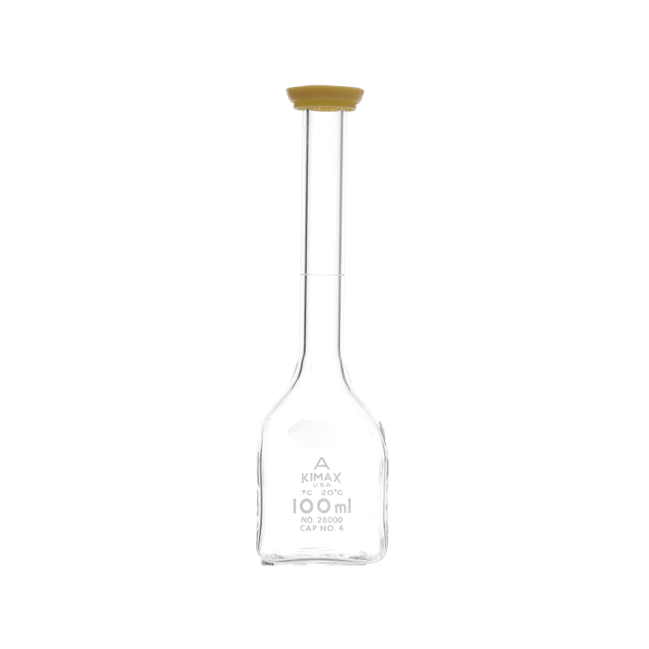 MATRAZ VOLUMÉTRICO DE 100ml CLASE A ASTm. BASE CUADRADA. KIMAX