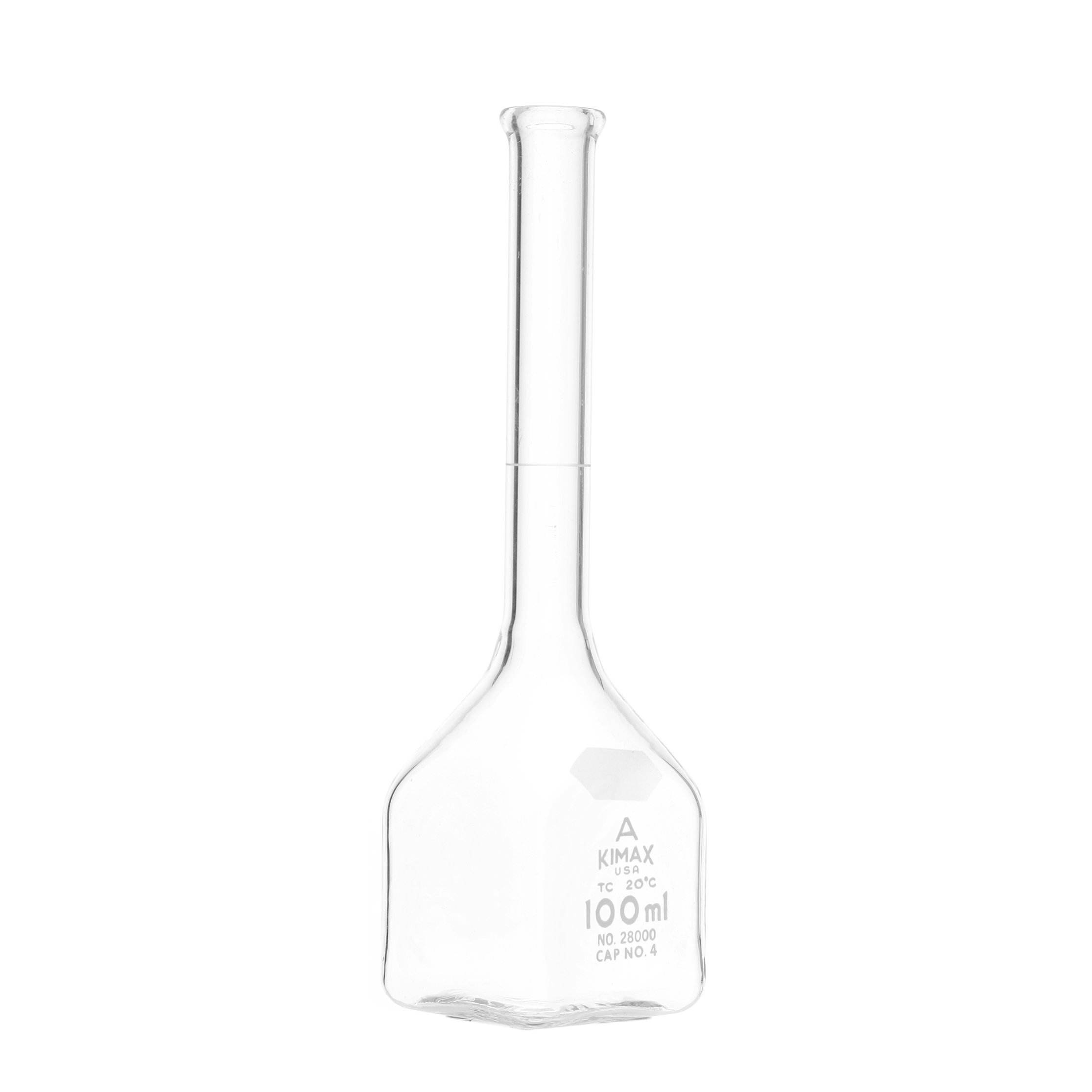 MATRAZ VOLUMÉTRICO DE 100ml CLASE A ASTm. BASE CUADRADA. KIMAX