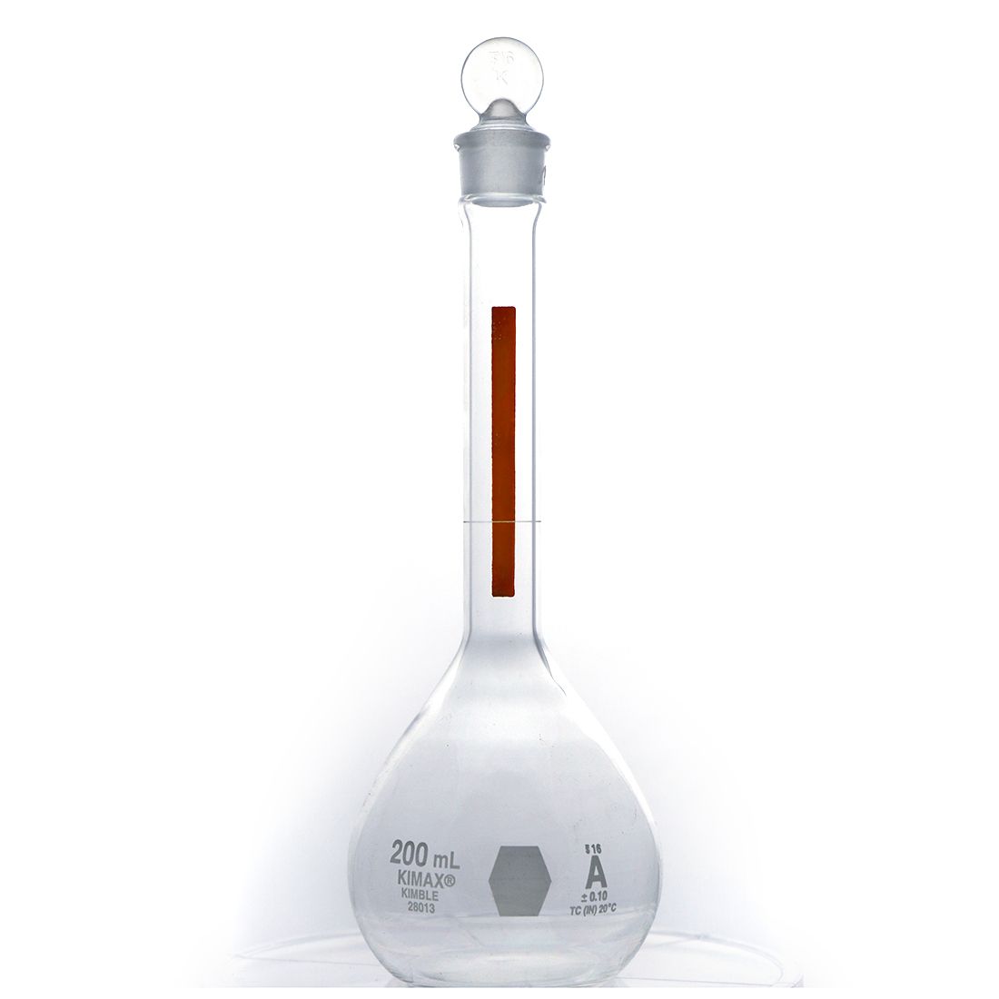 MATRAZ VOLUMÉTRICO DE 200ml CLASE A ASTM LÍNEA ROJA. KIMAX
