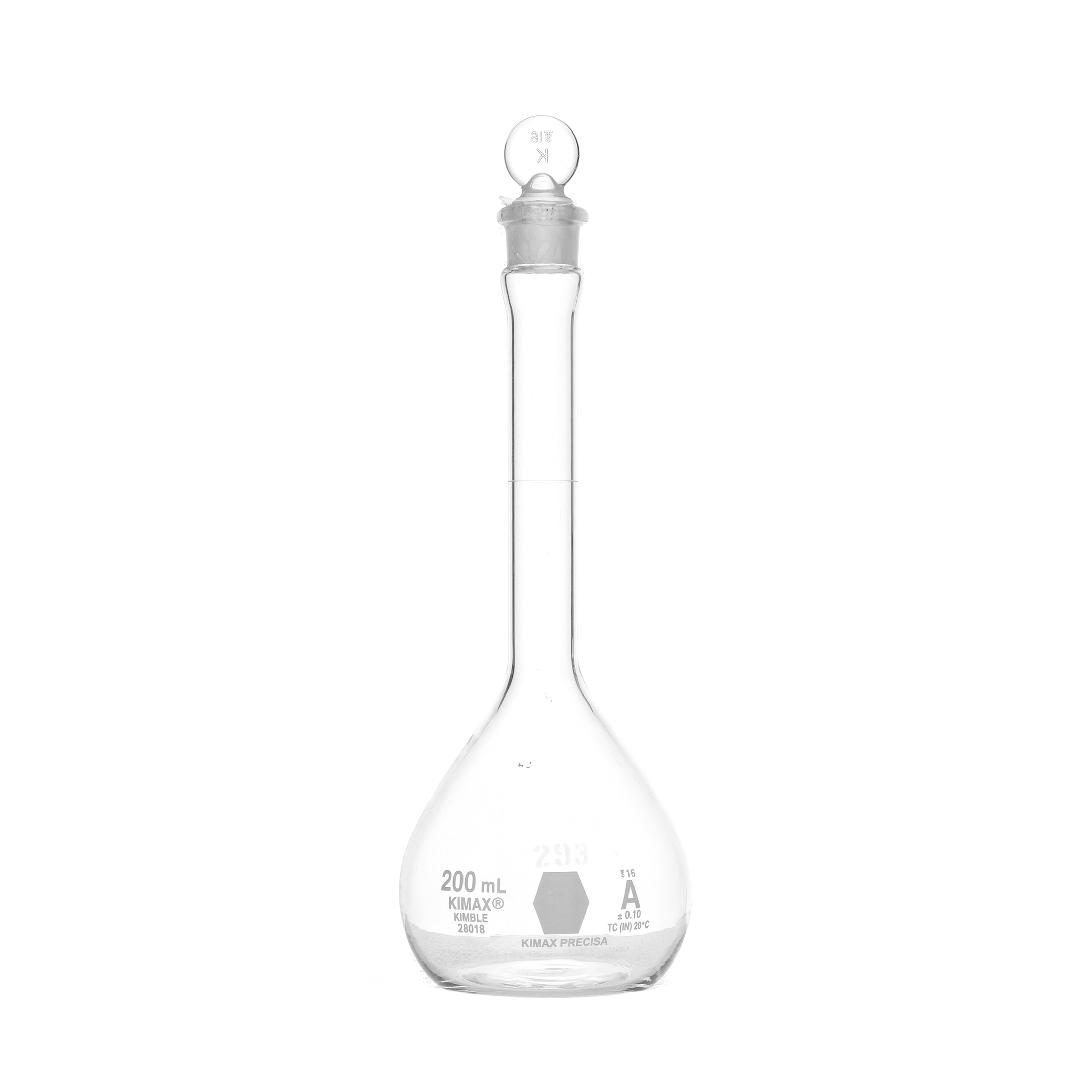 MATRAZ VOLUMÉTRICO DE 200ml CLASE A ASTM CERTIFICADO. TAPÓN DE VIDRIO. KIMAX