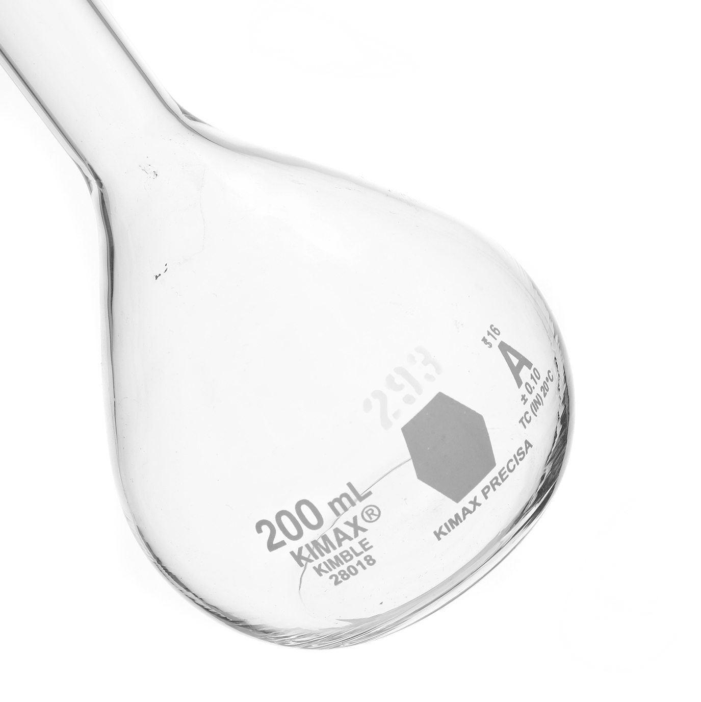 MATRAZ VOLUMÉTRICO DE 200ml CLASE A ASTM CERTIFICADO. TAPÓN DE VIDRIO. KIMAX