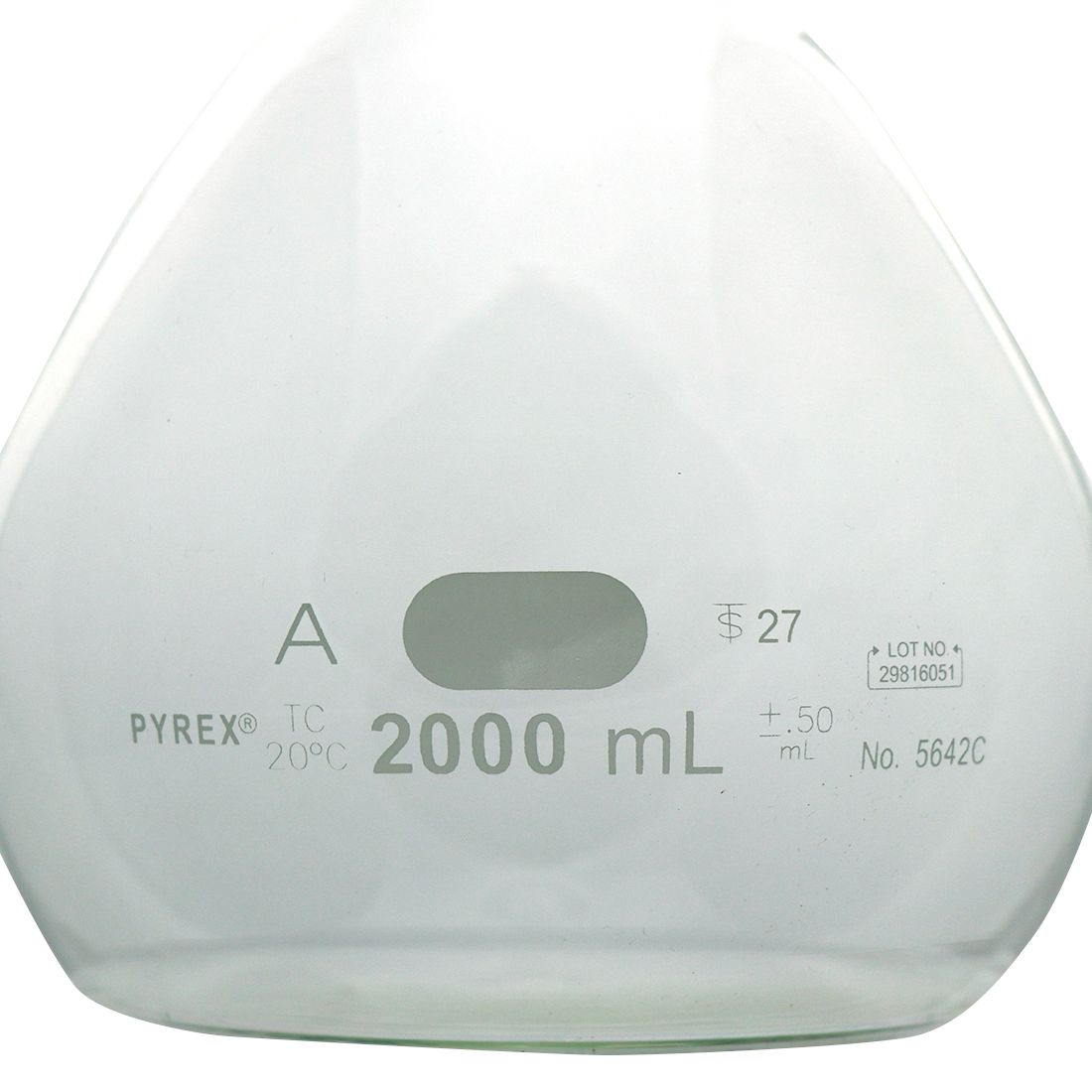 MATRAZ VOLUMÉTRICO DE 2L CLASE A ASTM CON CERTIFICADO. PYREX