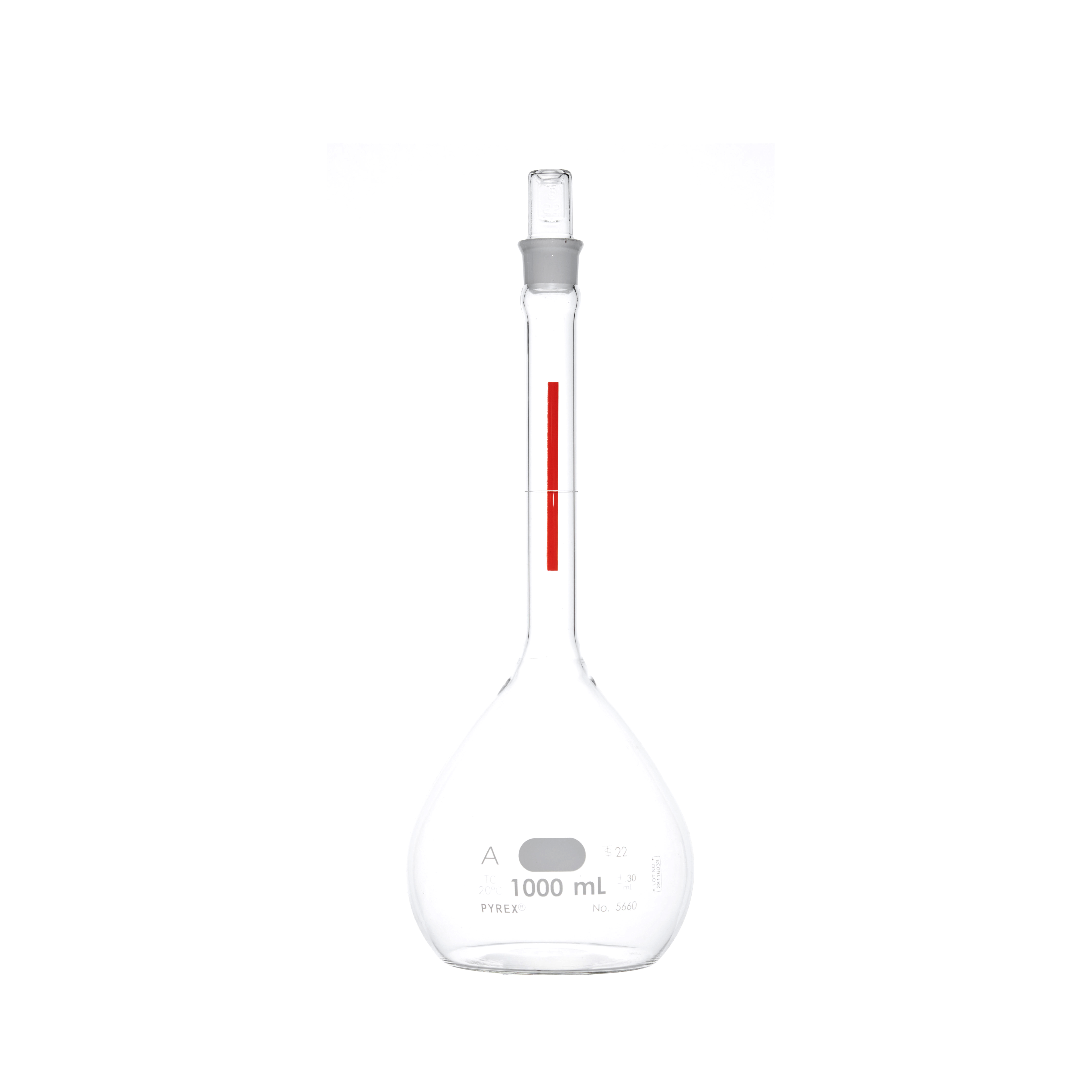 MATRAZ VOLUMÉTRICO DE 1L CLASE A ASTM LÍNEA ROJA. PYREX
