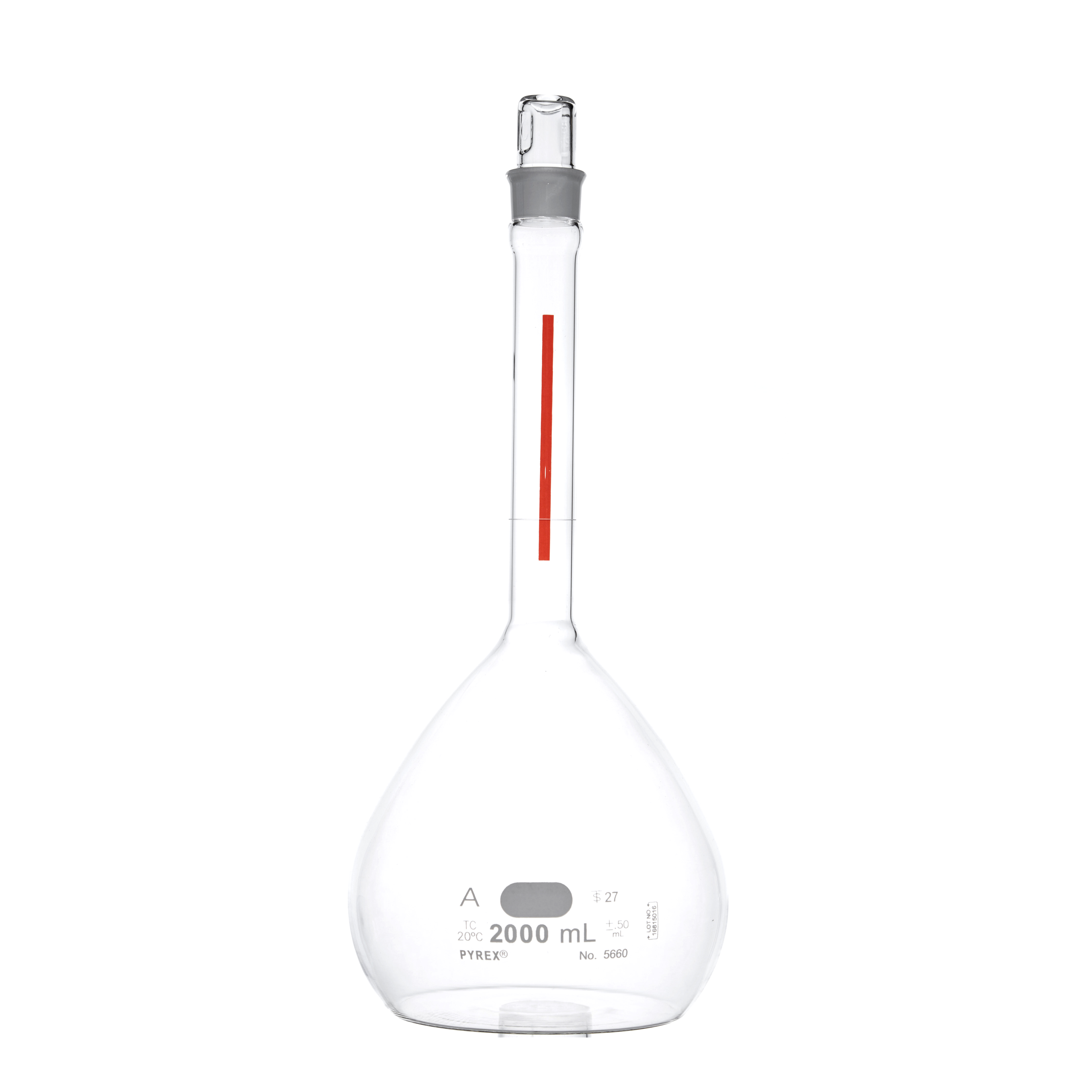 MATRAZ VOLUMÉTRICO DE 2L CLASE A ASTM LÍNEA ROJA. PYREX
