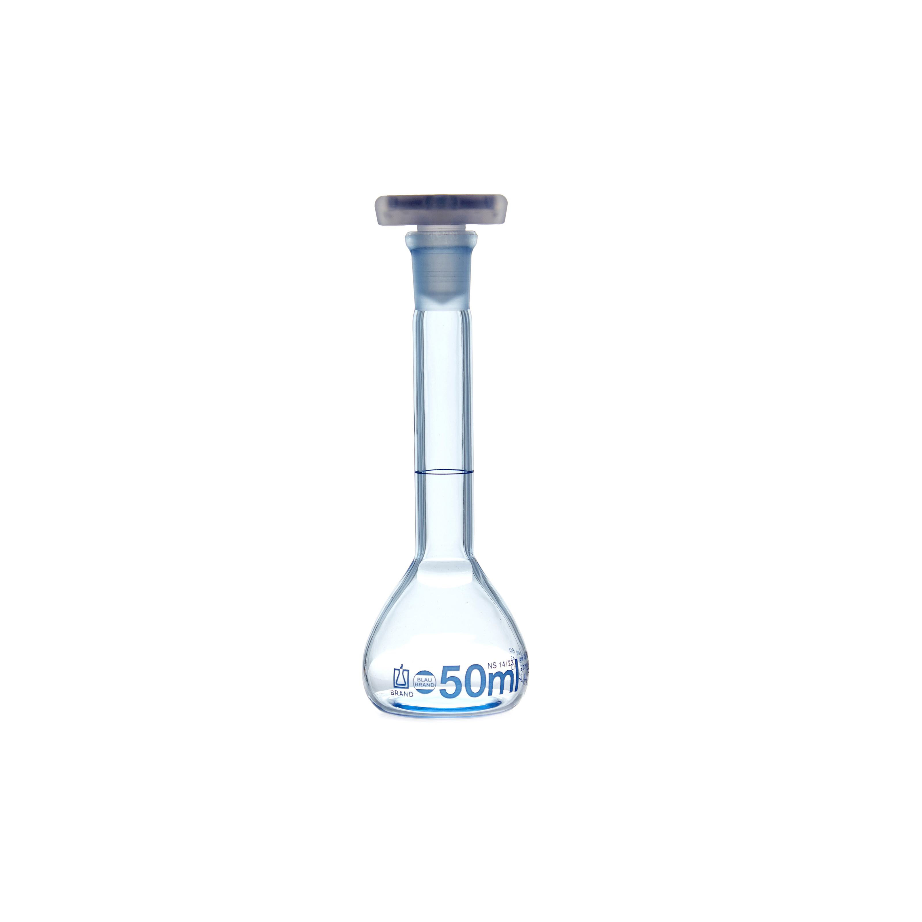 MATRAZ VOLUMÉTRICO DE 50ml CLASE A DIN. RECUBIERTO. CUELLO ANCHO. BRAND