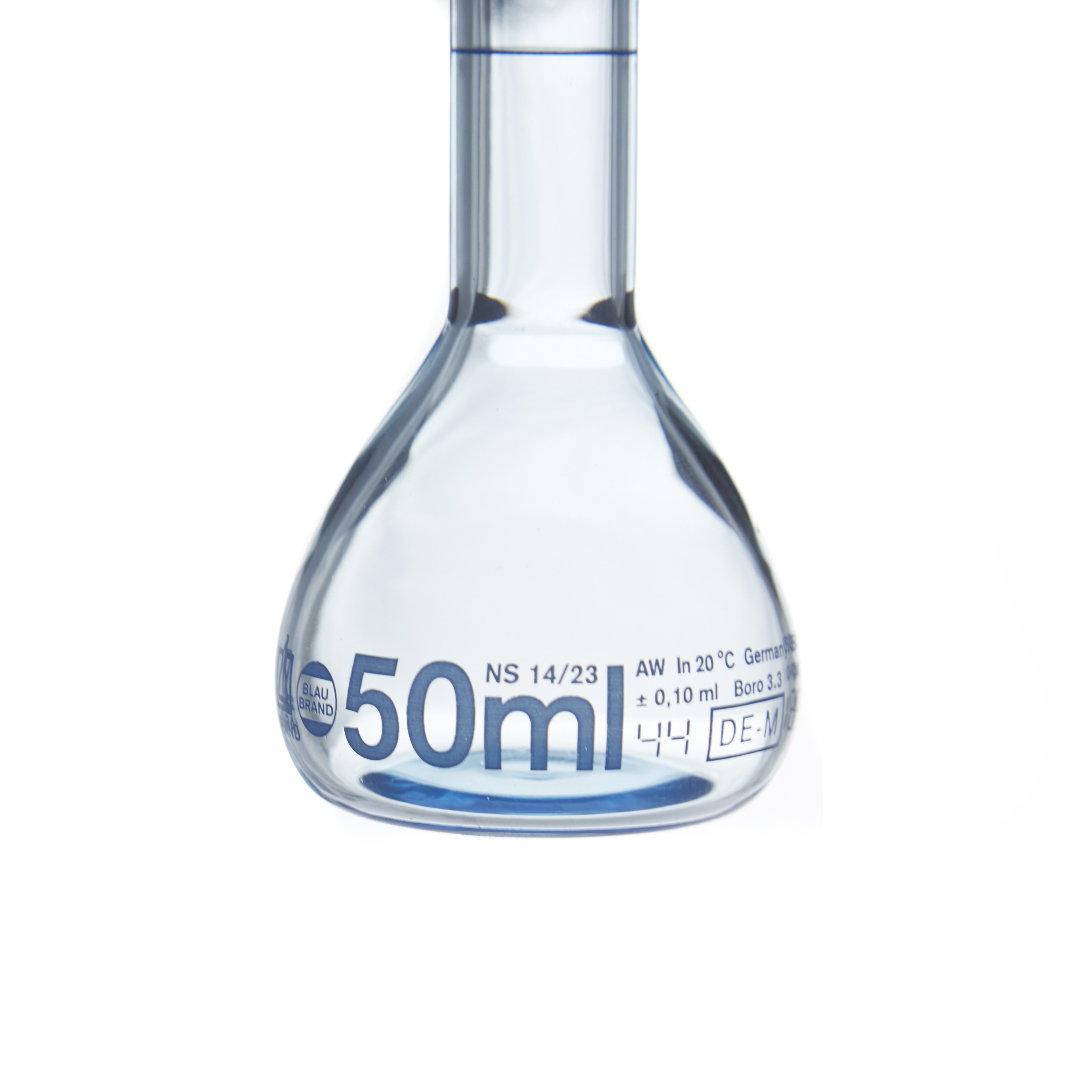MATRAZ VOLUMÉTRICO DE 50ml CLASE A DIN. RECUBIERTO. CUELLO ANCHO. BRAND