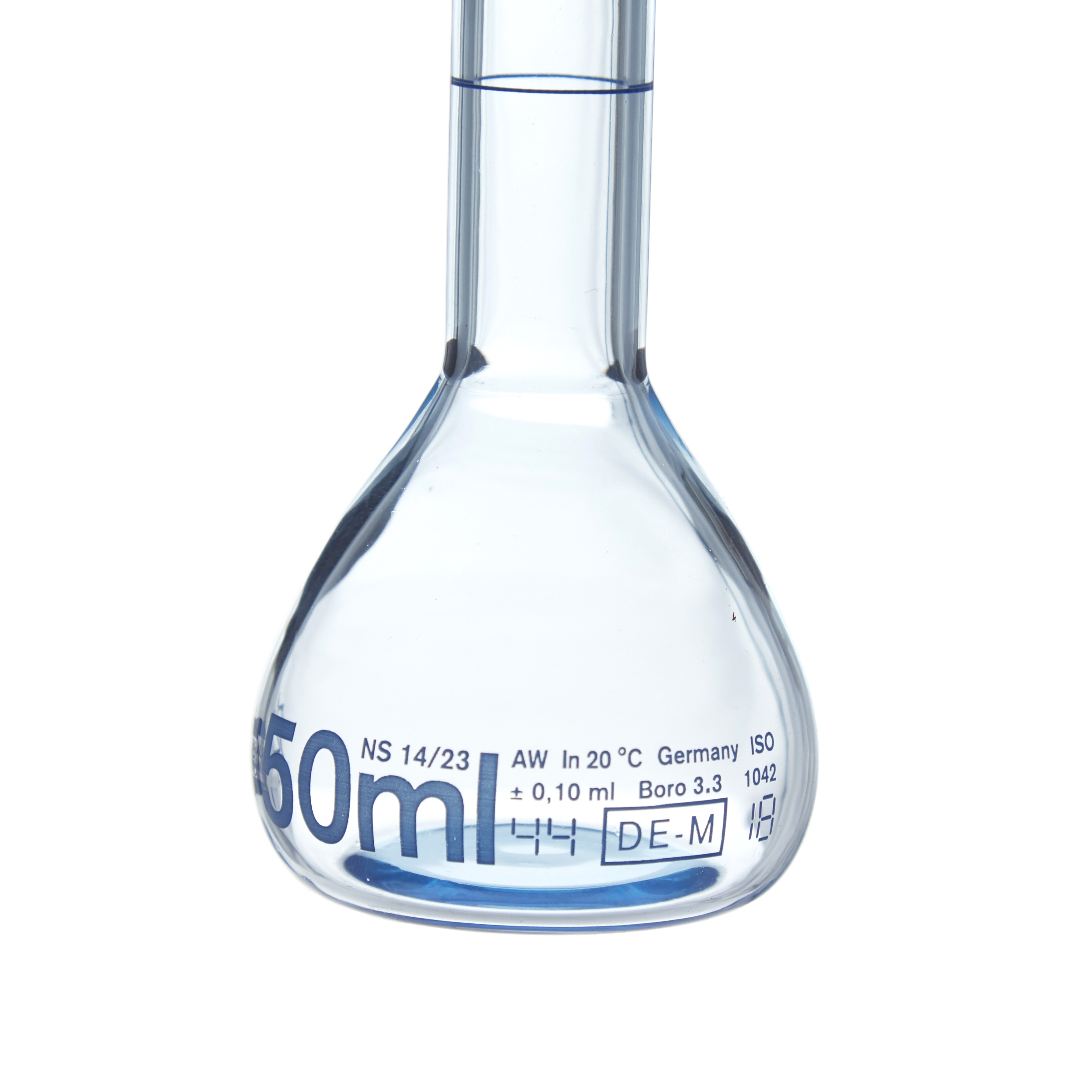 MATRAZ VOLUMÉTRICO DE 50ml CLASE A DIN. RECUBIERTO. CUELLO ANCHO. BRAND
