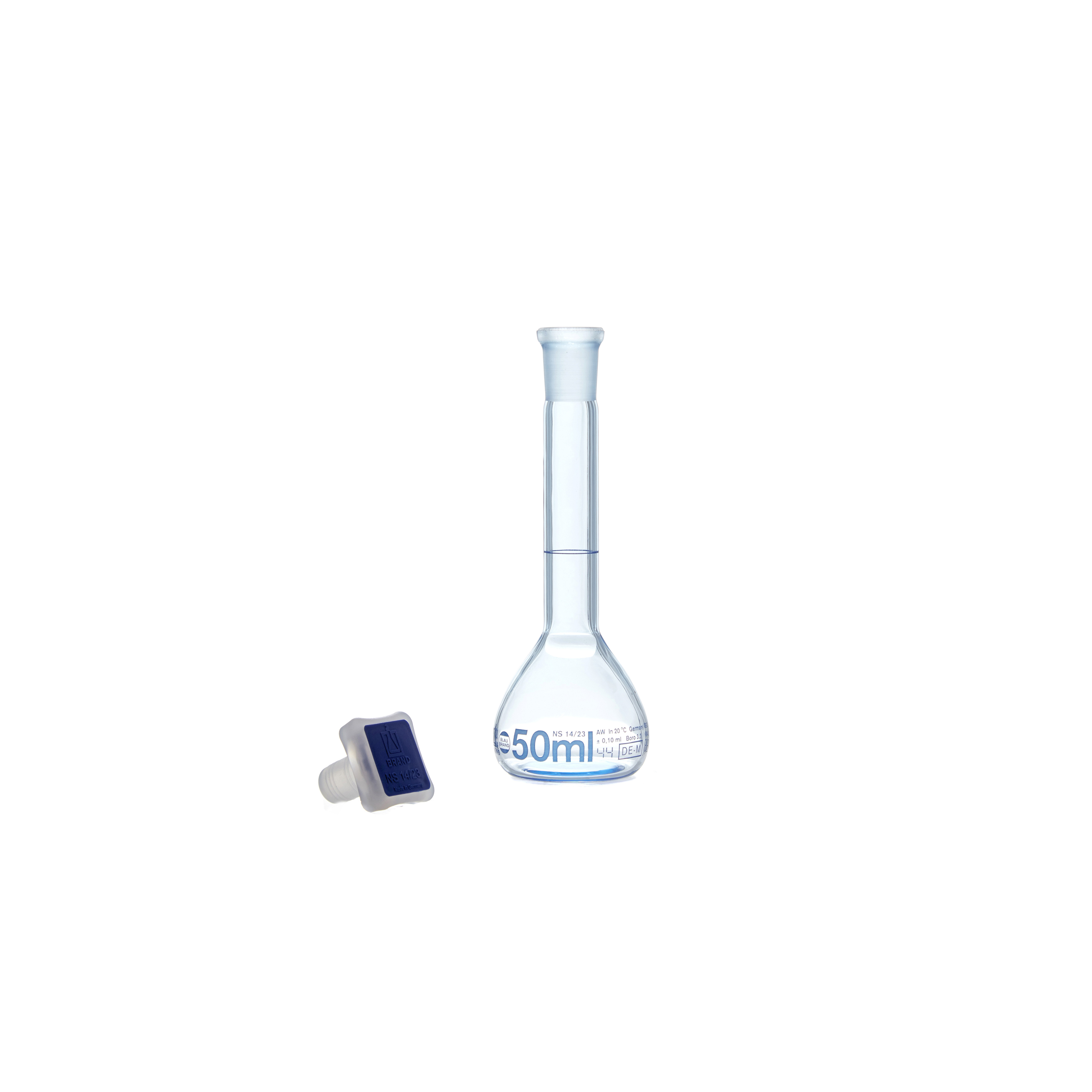 MATRAZ VOLUMÉTRICO DE 50ml CLASE A DIN. RECUBIERTO. CUELLO ANCHO. BRAND