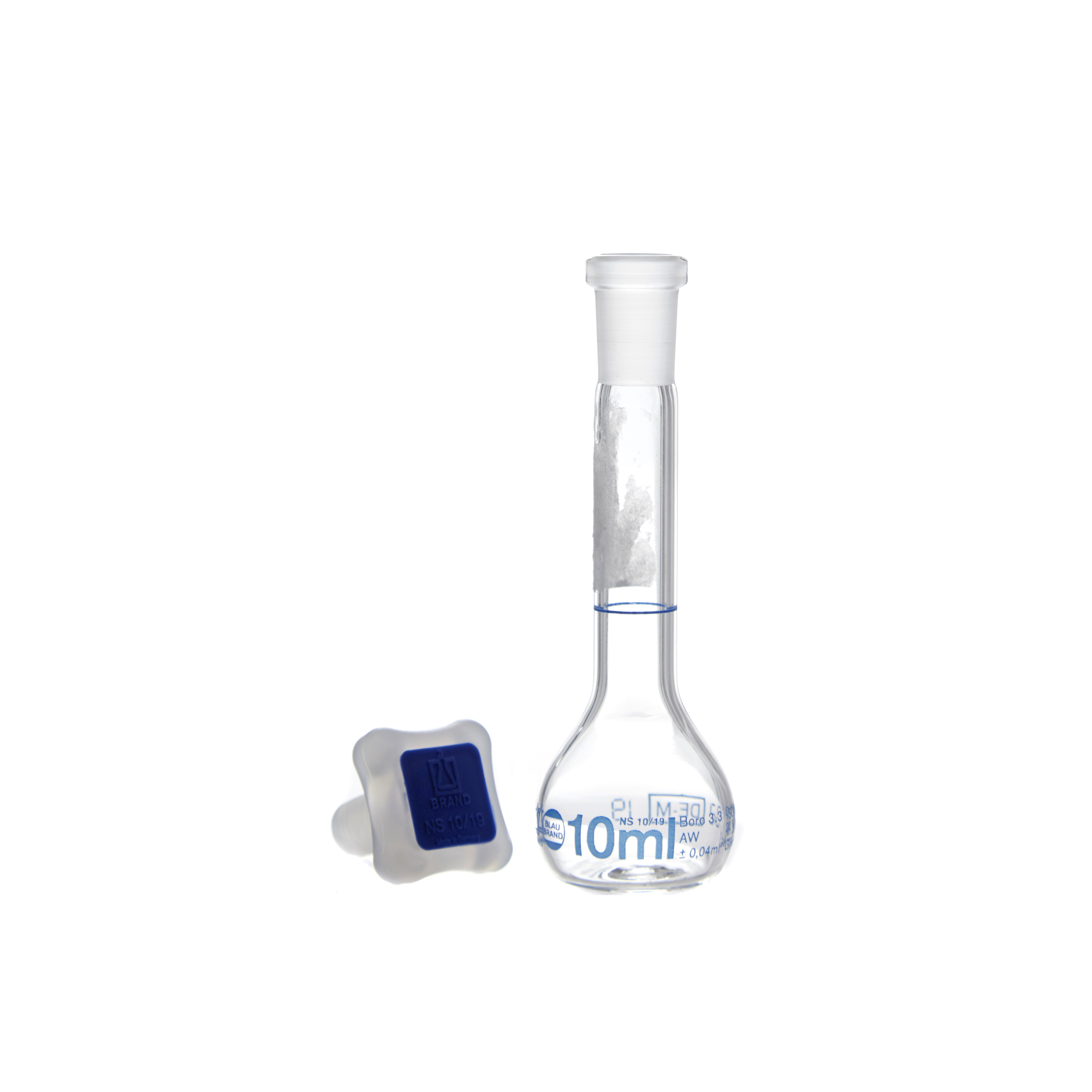 MATRAZ VOLUMÉTRICO DE 10ml CLASE A DIN. CUELLO ANCHO. TAPÓN DE PLÁSTICO. BRAND
