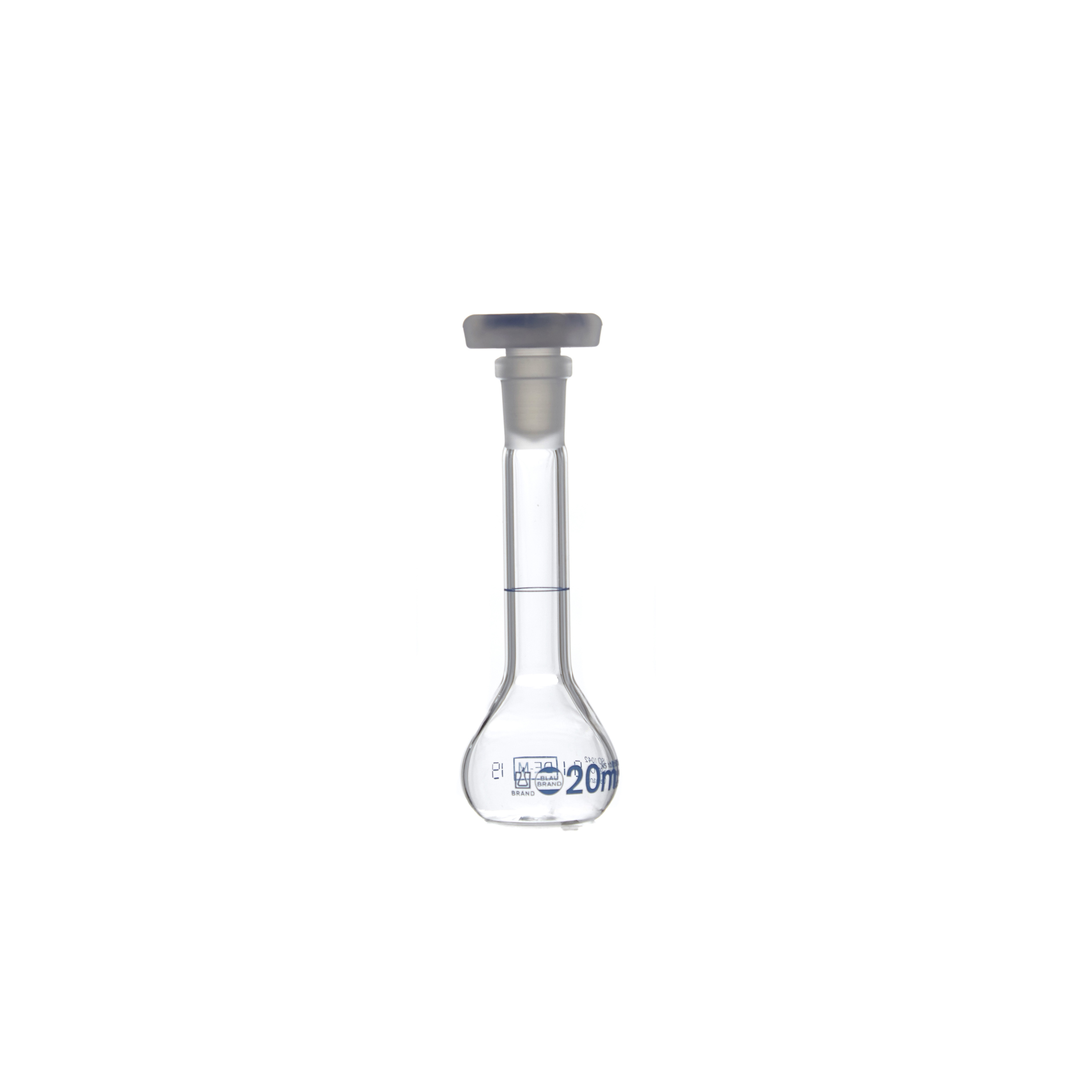 MATRAZ VOLUMÉTRICO DE 20ml CLASE A DIN. CUELLO ANCHO. TAPÓN DE PLÁSTICO. BRAND