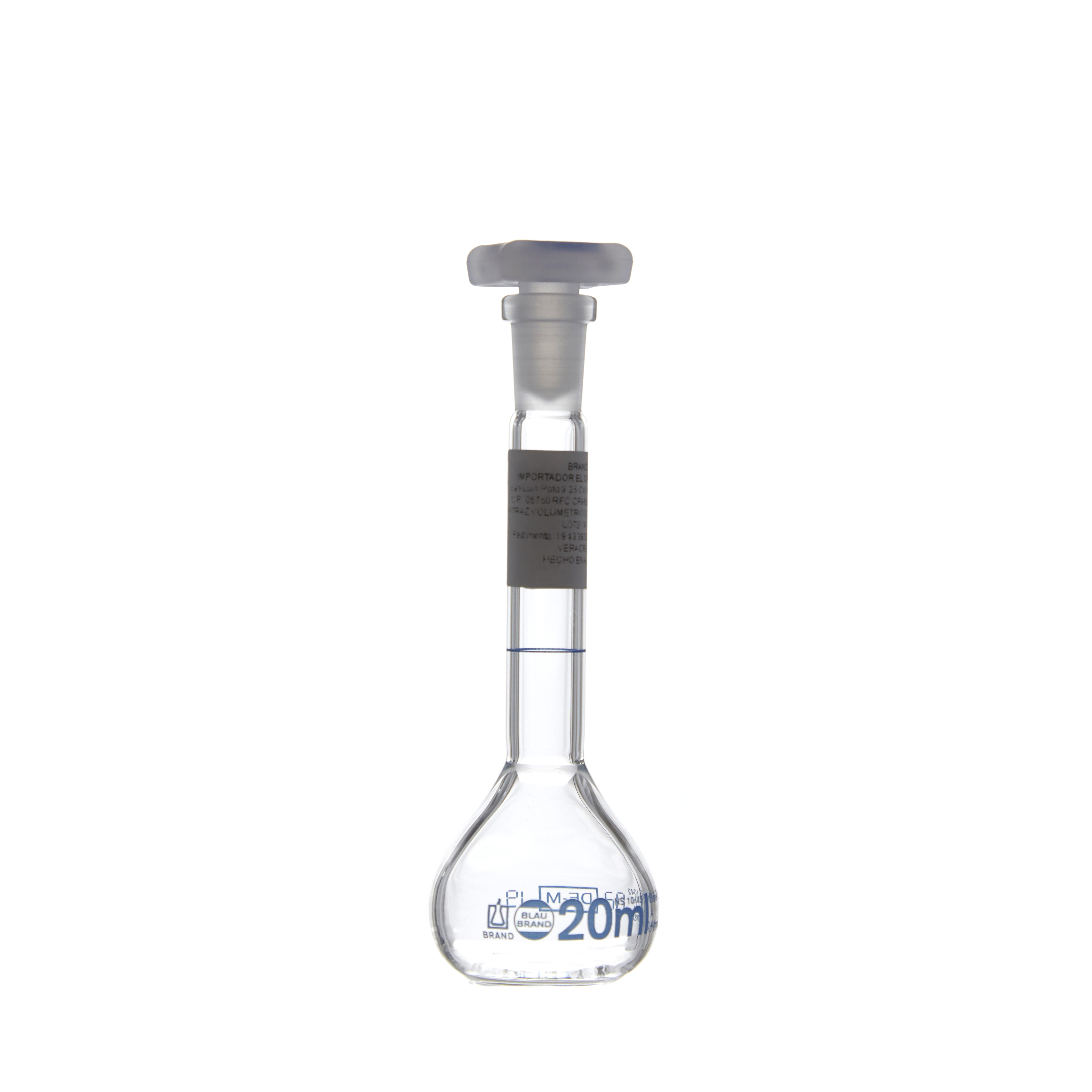 MATRAZ VOLUMÉTRICO DE 20ml CLASE A DIN. TAPÓN DE PLÁSTICO. BRAND