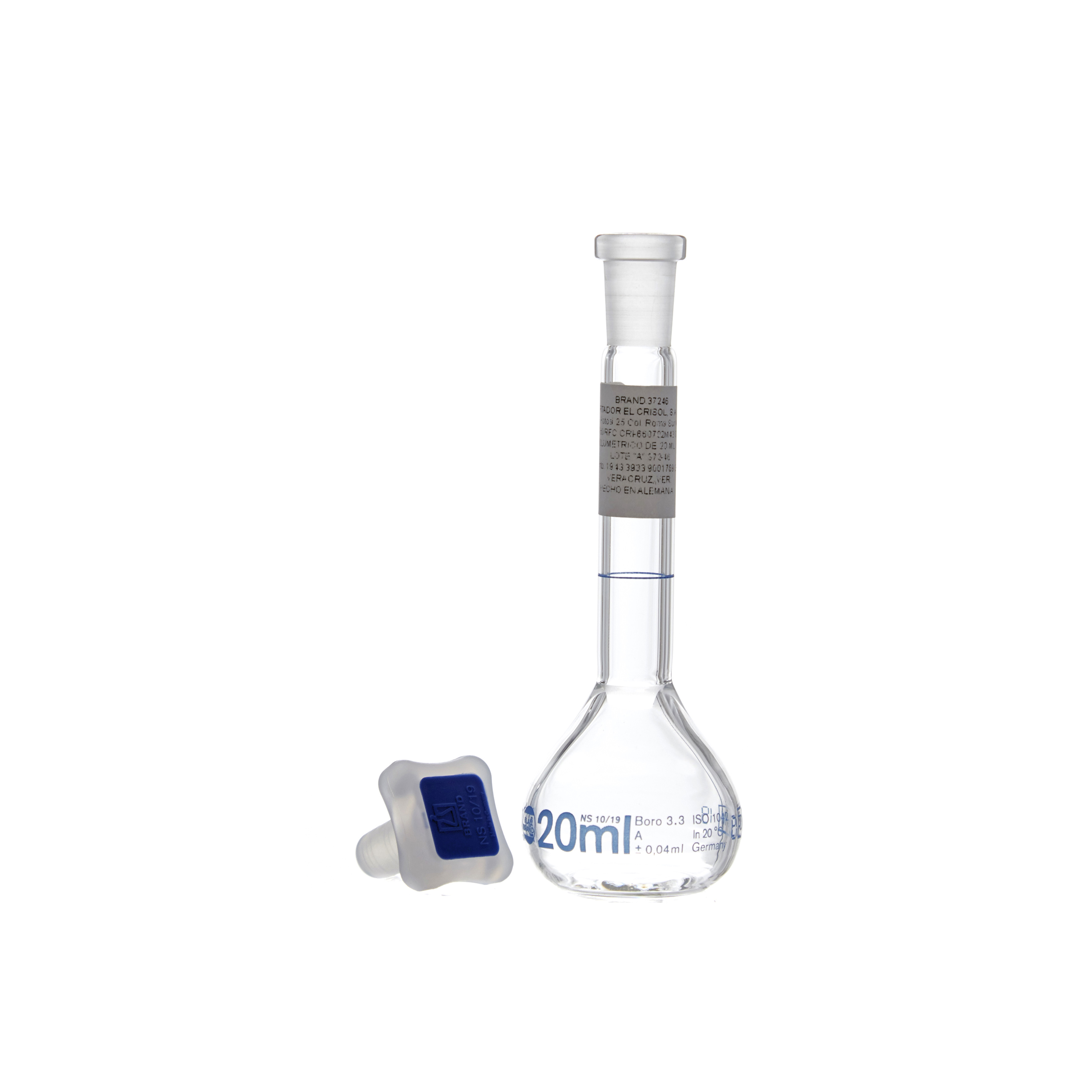 MATRAZ VOLUMÉTRICO DE 20ml CLASE A DIN. TAPÓN DE PLÁSTICO. BRAND