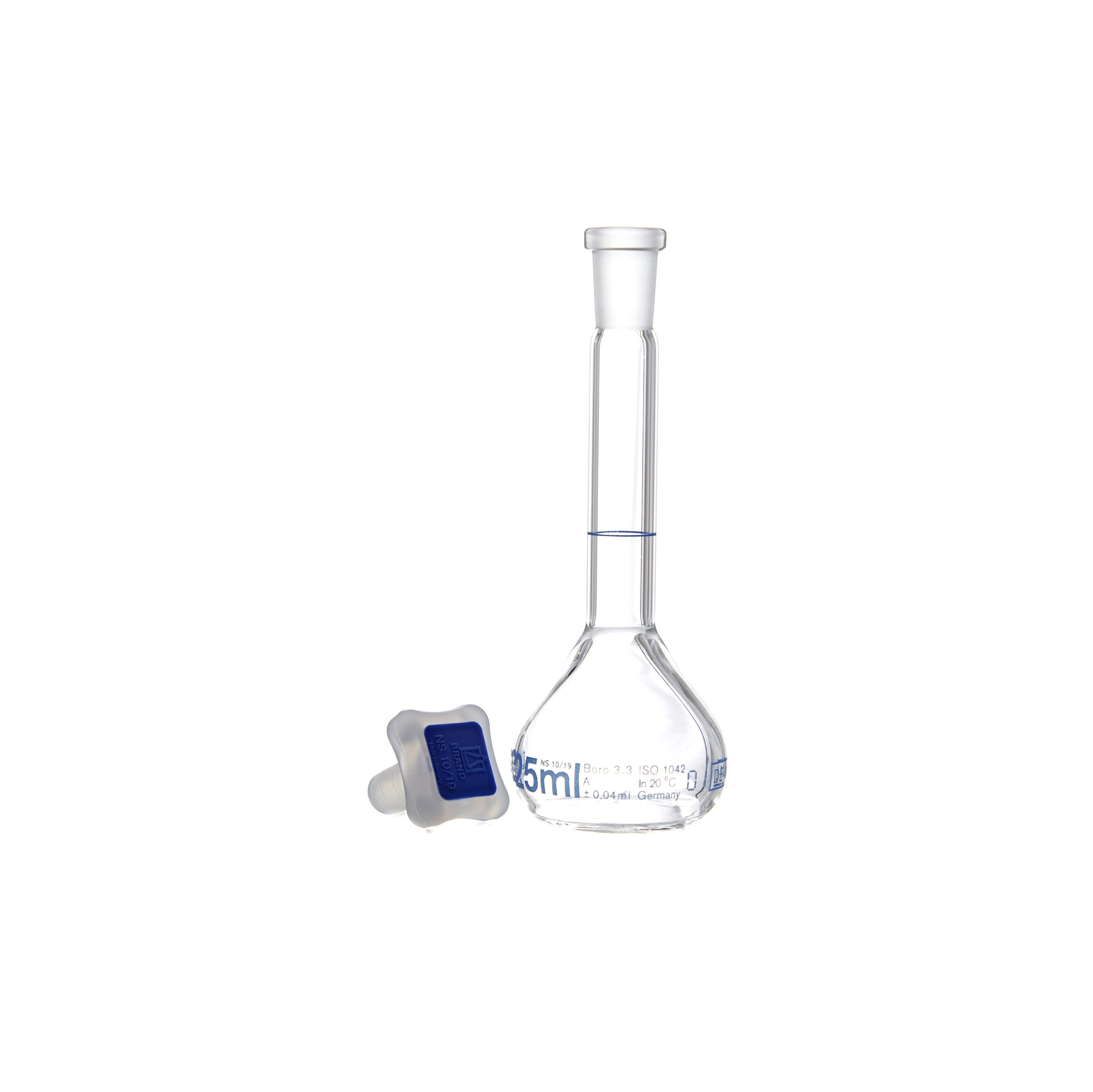 MATRAZ VOLUMÉTRICO DE 25ml CLASE A DIN. TAPÓN DE PLÁSTICO. BRAND