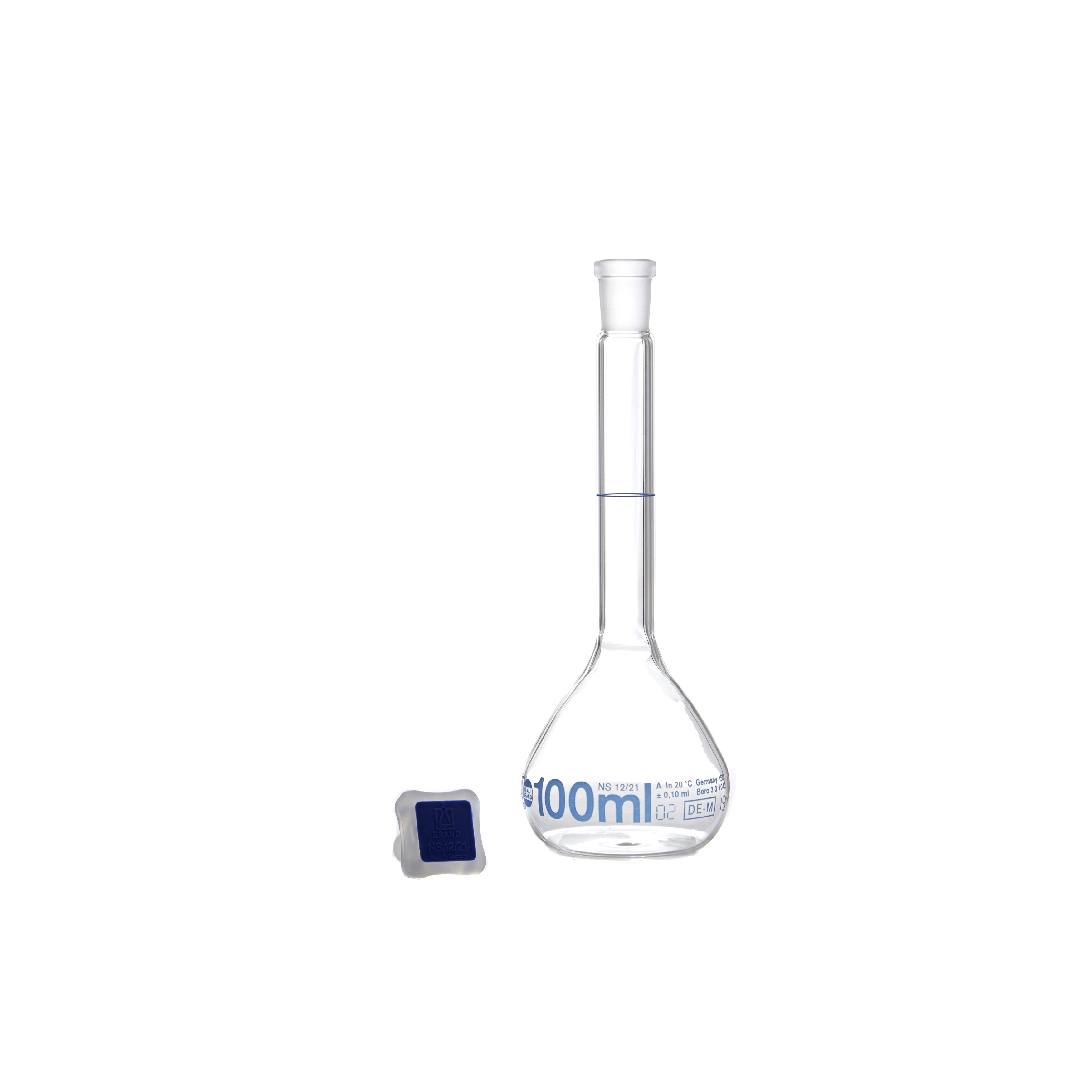 MATRAZ VOLUMÉTRICO DE 100ml CLASE A DIN. TAPÓN DE PLÁSTICO. BRAND