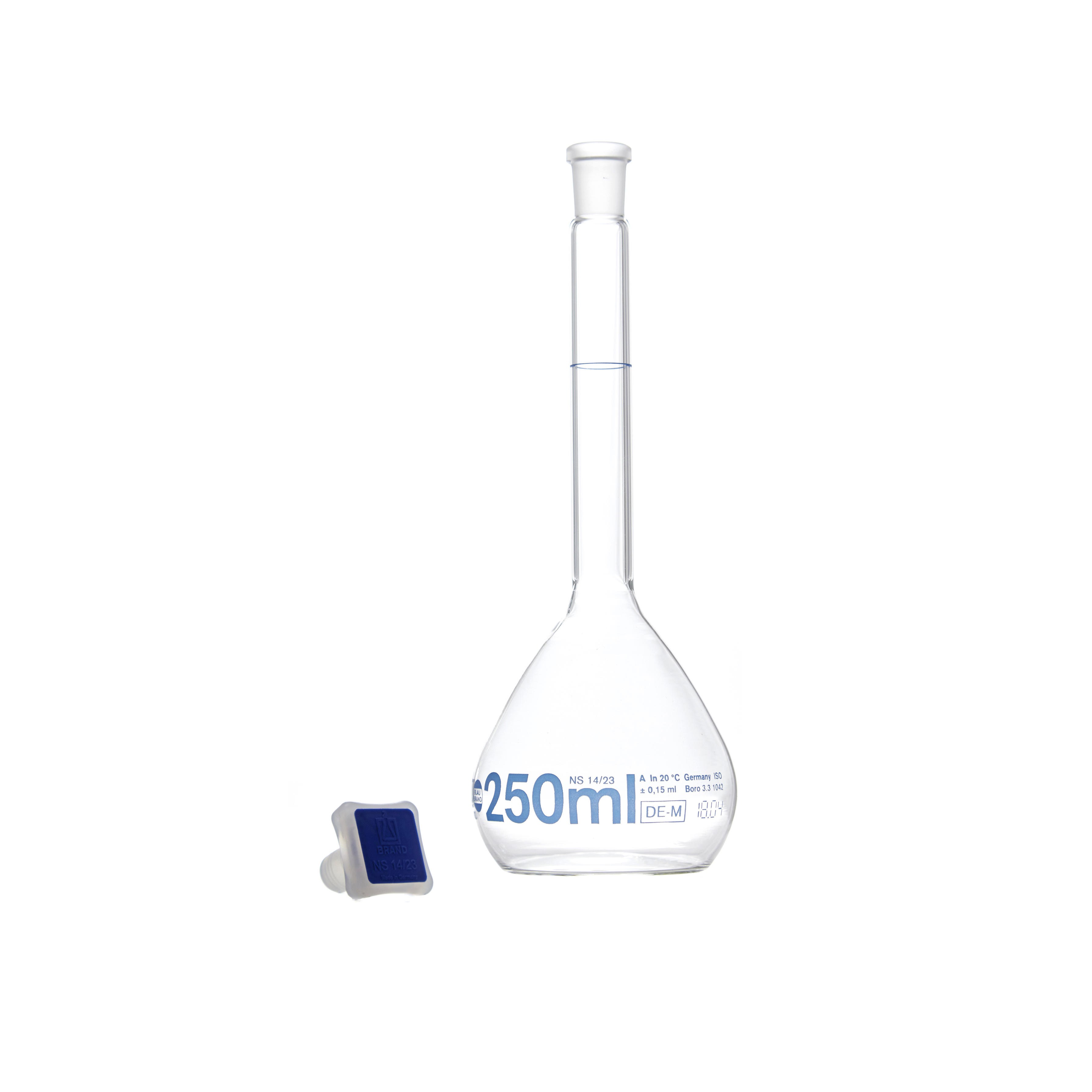 MATRAZ VOLUMÉTRICO DE 250ml CLASE A DIN. TAPÓN DE PLÁSTICO. BRAND