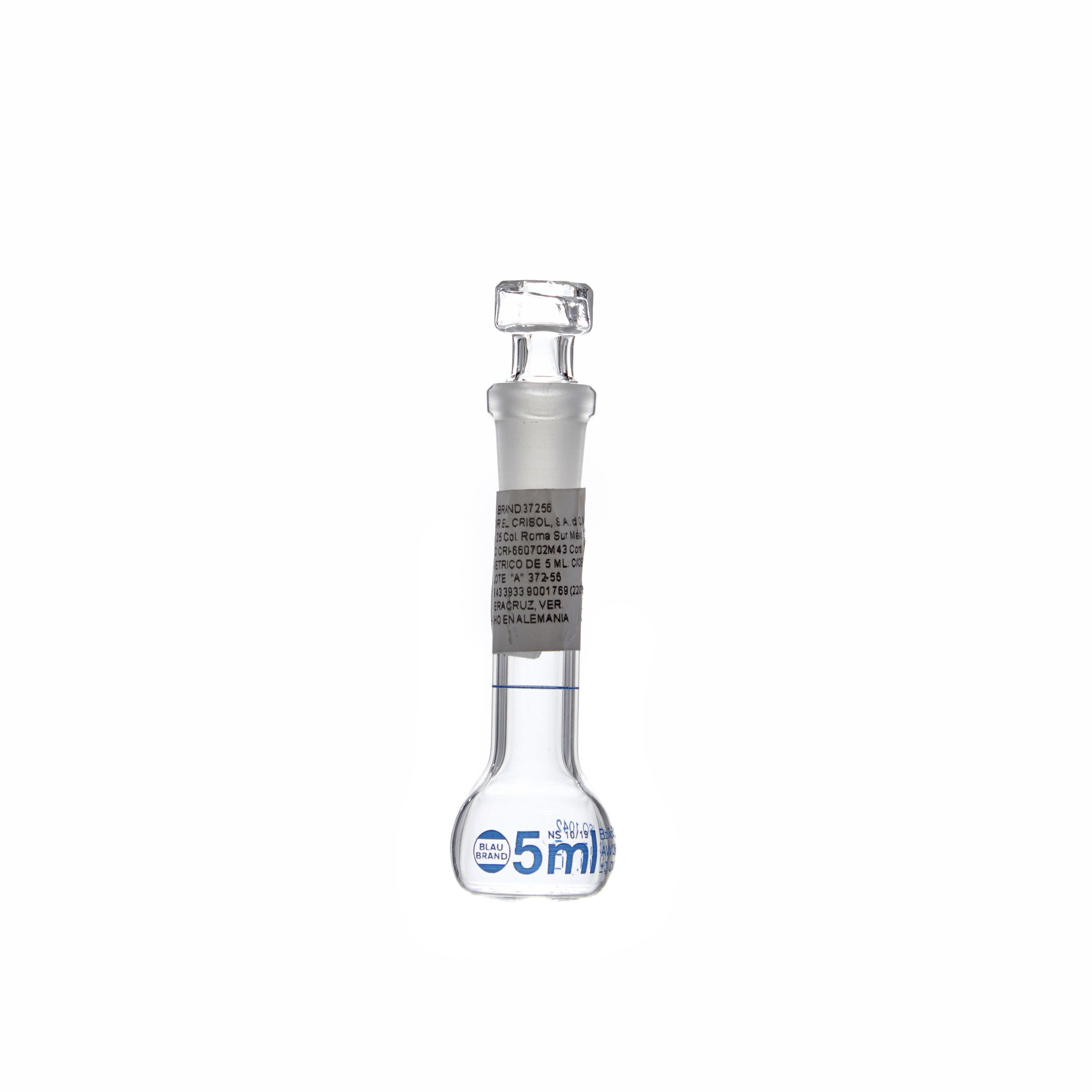 MATRAZ VOLUMÉTRICO DE 5ml CLASE A DIN. CUELLO ANCHO. TAPÓN DE VIDRIO. BRAND