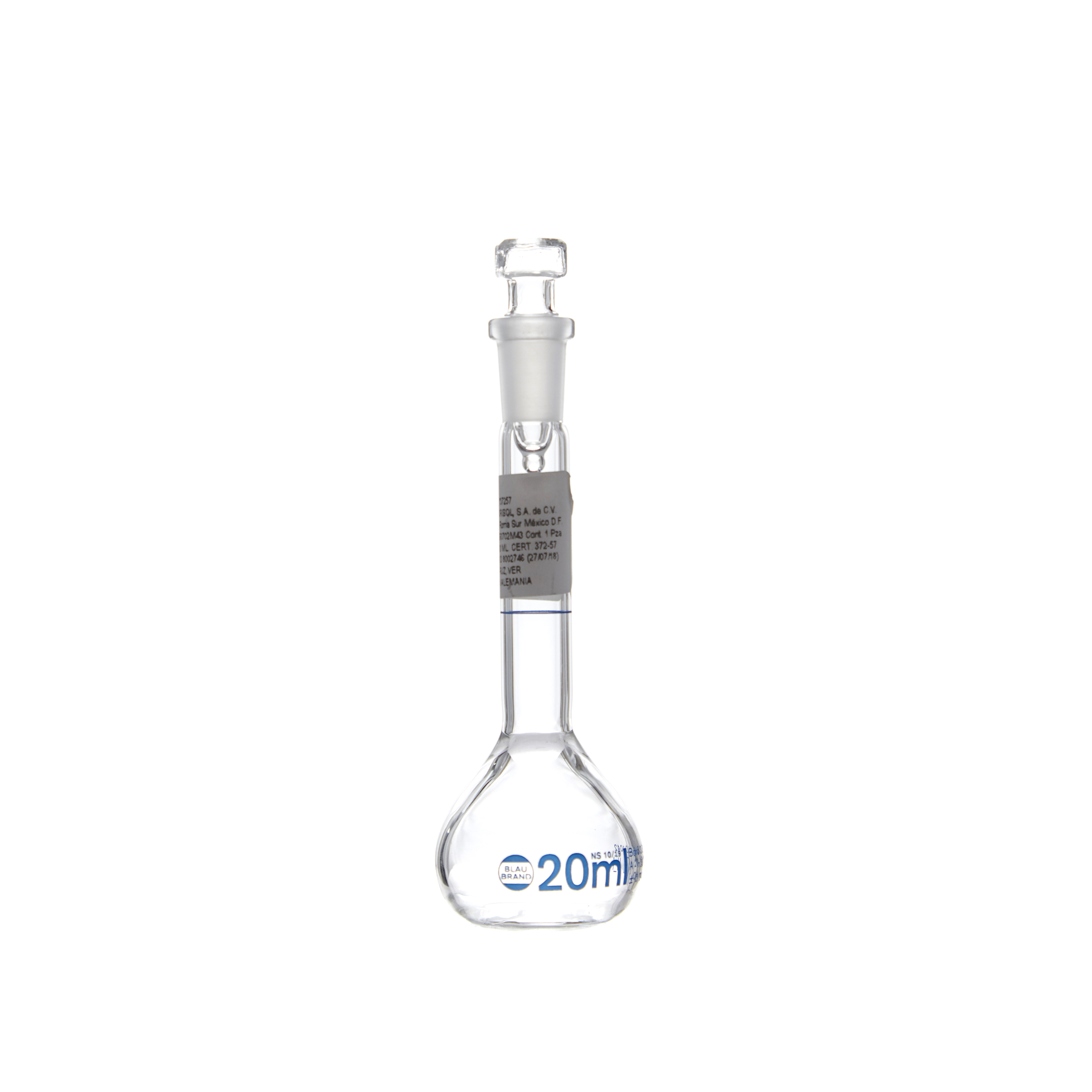 MATRAZ VOLUMÉTRICO DE 20ml CLASE A DIN. TAPÓN DE VIDRIO. BRAND