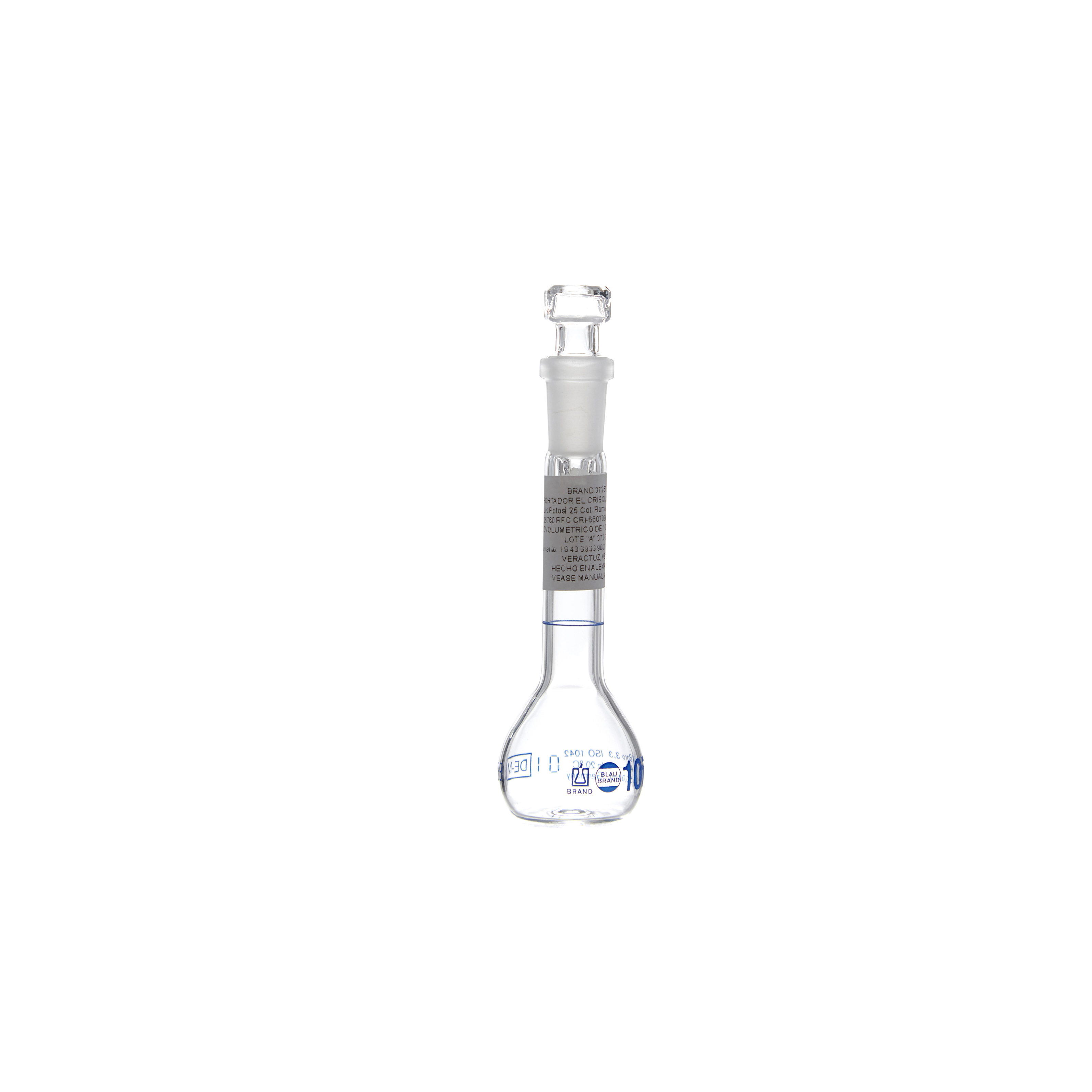 MATRAZ VOLUMÉTRICO DE 10ml CLASE A DIN. CUELLO ANCHO. TAPÓN DE VIDRIO. BRAND